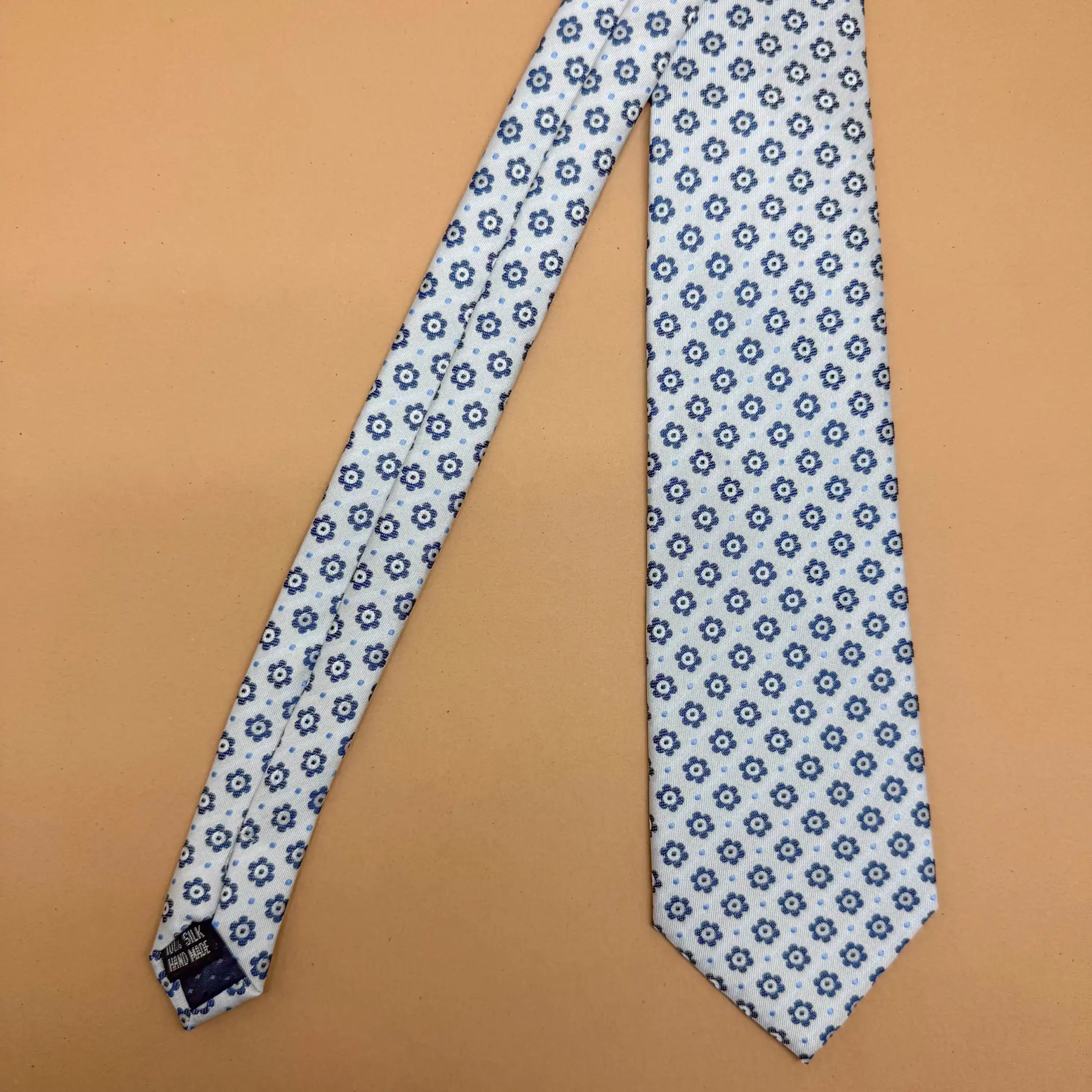 White Navy Blue Floral Geometric Silk Necktie
