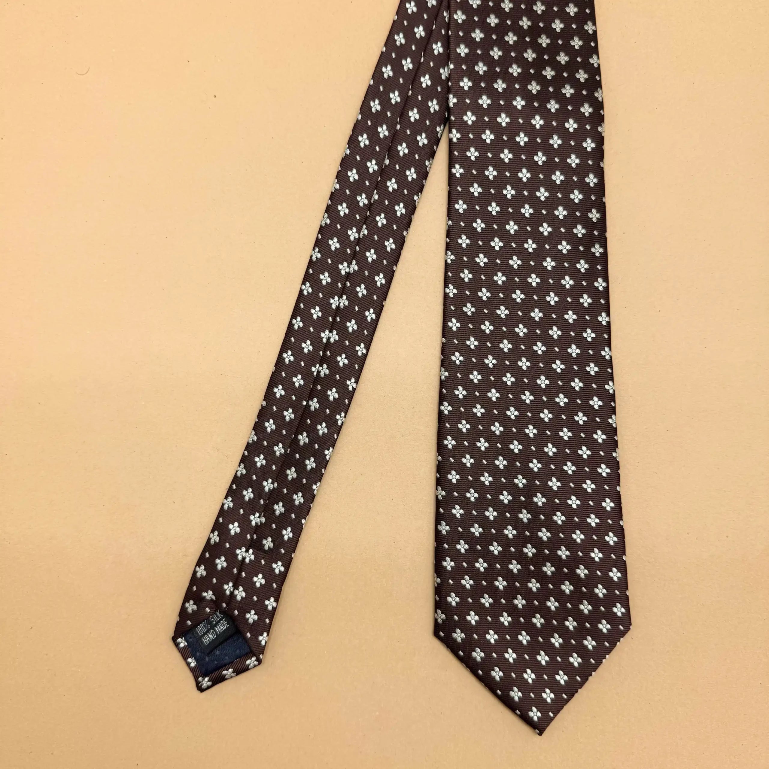 Brown White Motif Geometric Silk Necktie