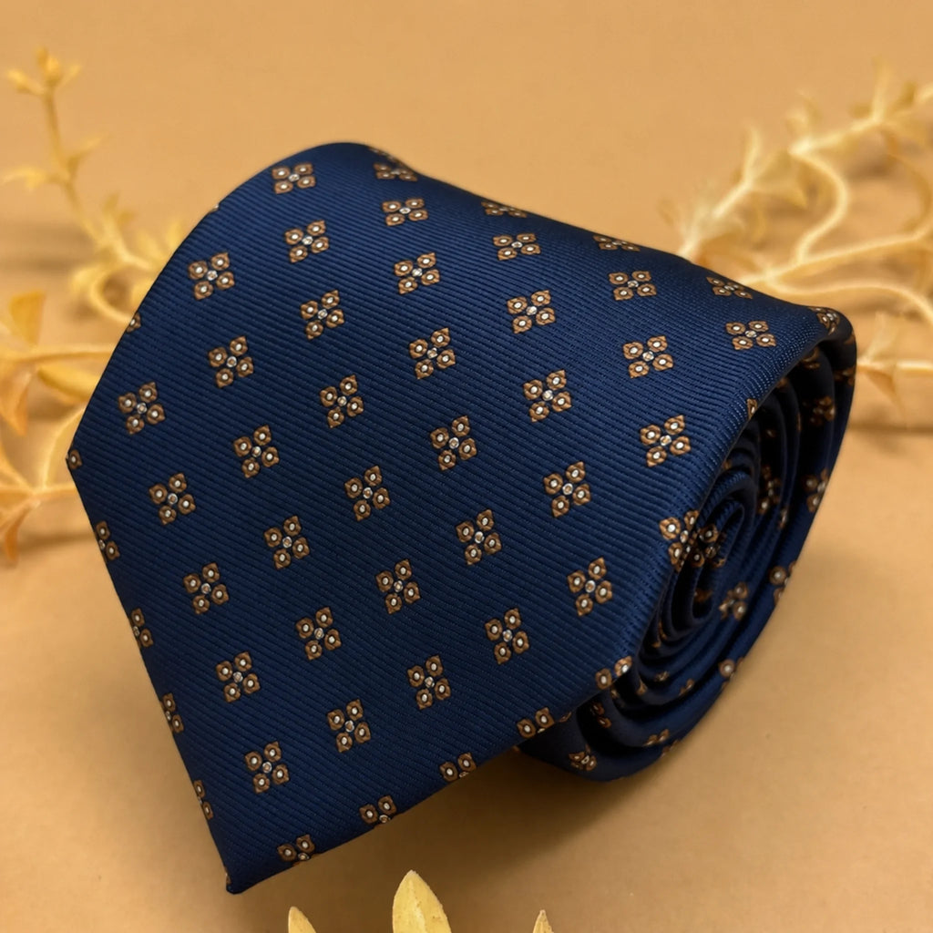 Navy Blue and Gold Motif Silk Necktie