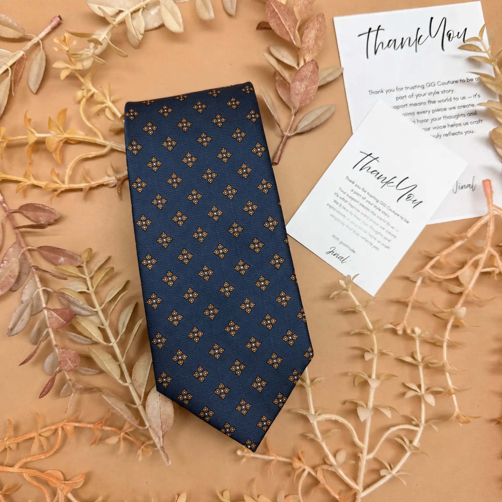Navy Blue and Gold Motif Silk Necktie