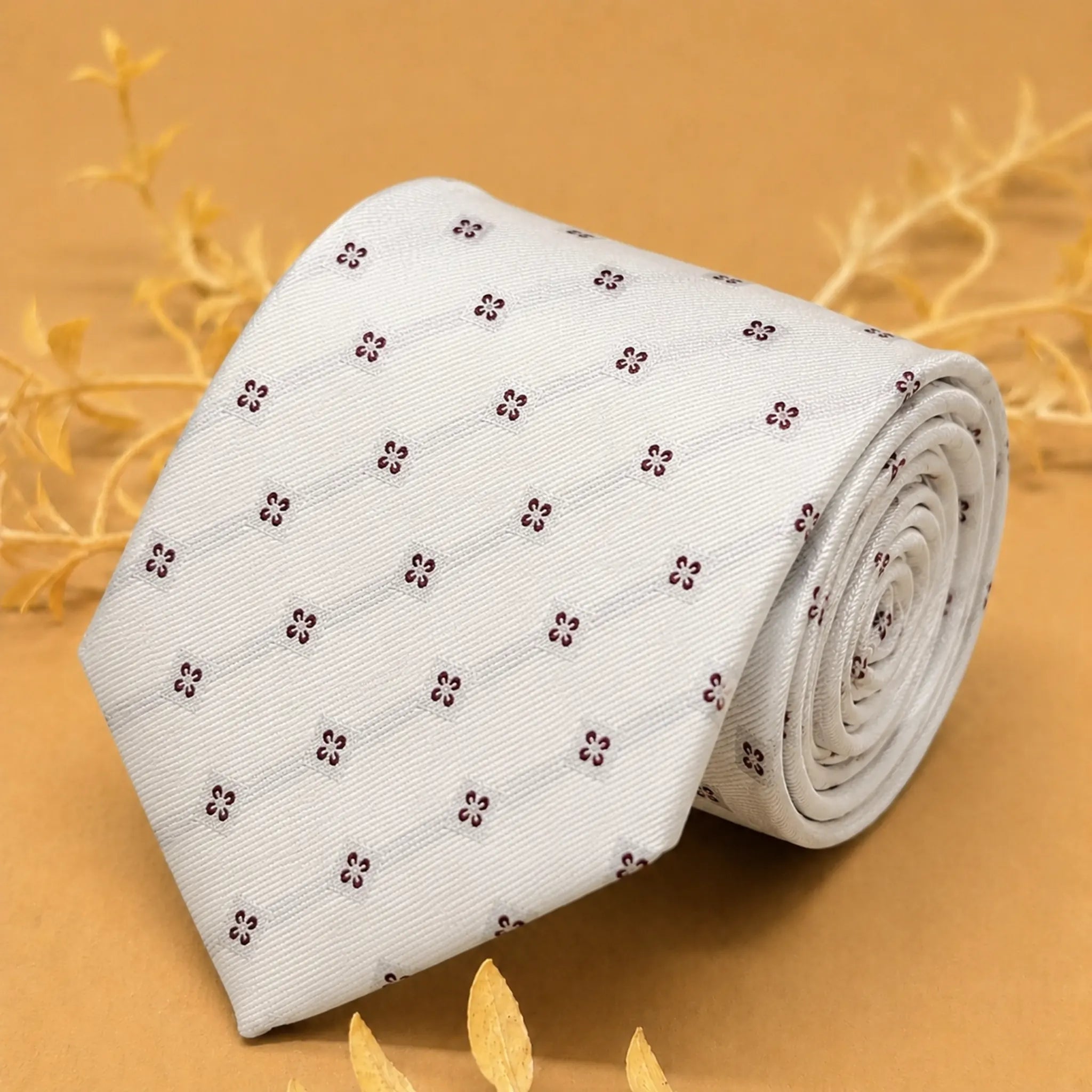 White and Burgundy Motif Silk Necktie