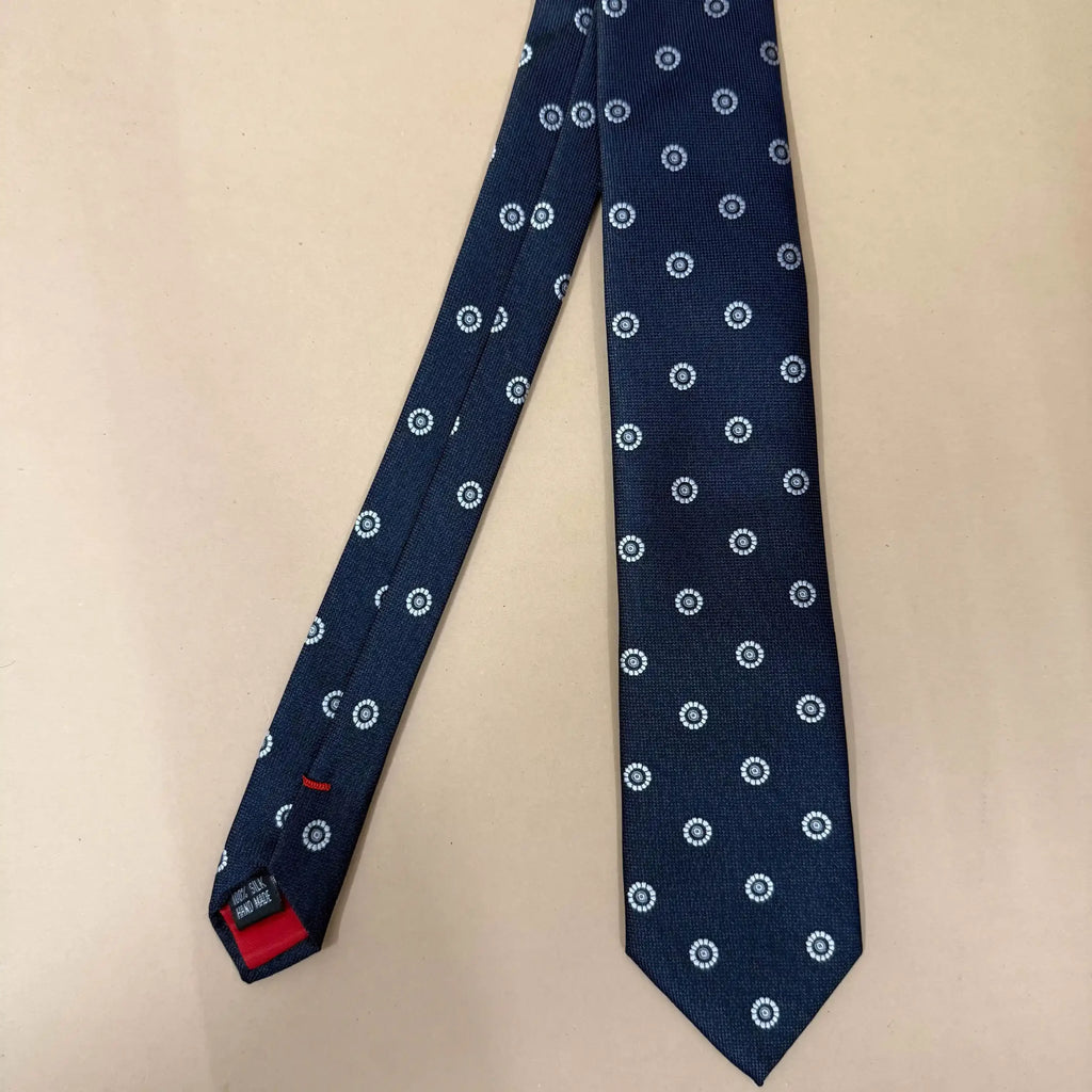 Navy Blue Geometric Circluar Motifs Silk Necktie