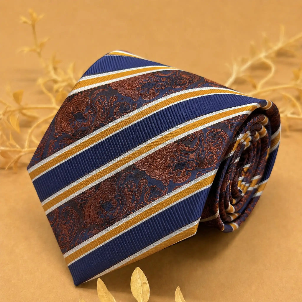 Navy Blue and Burnt Orange Paisley Silk Necktie