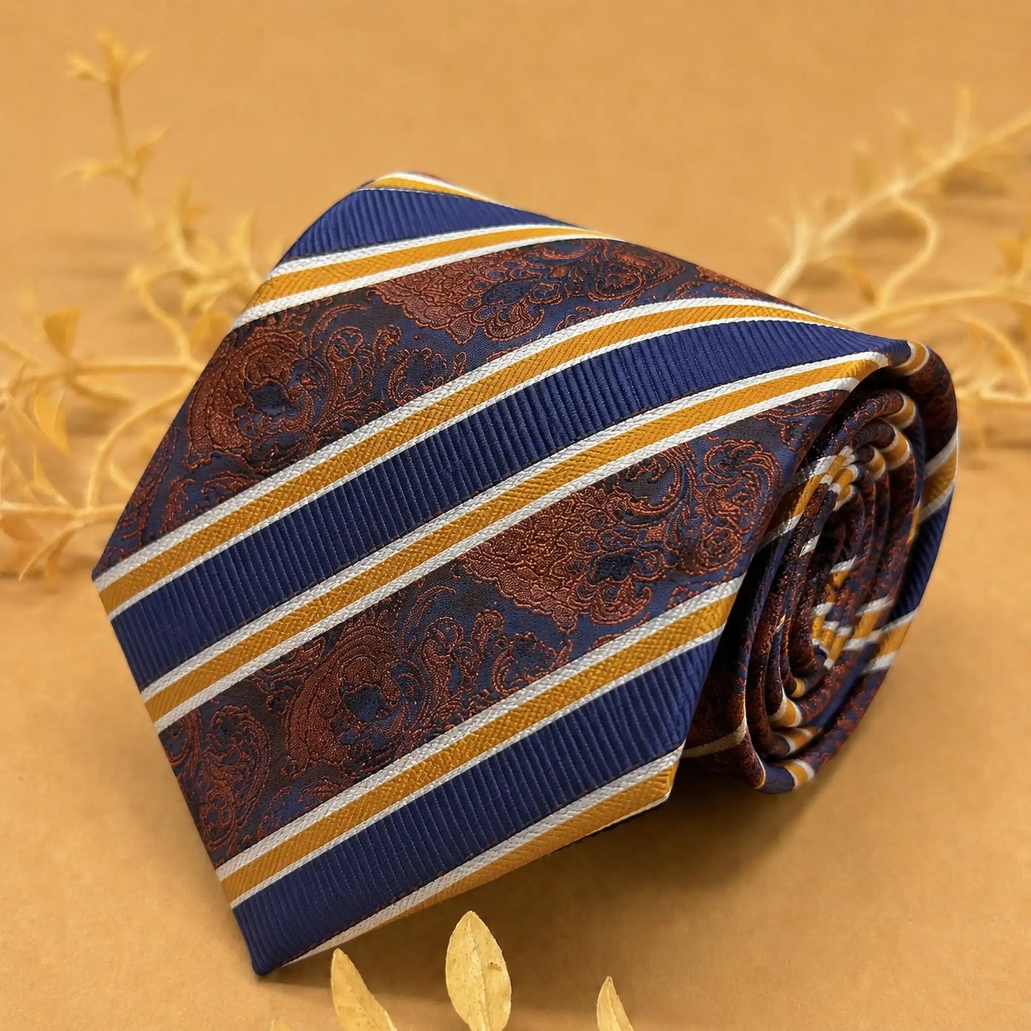 Navy Blue and Burnt Orange Paisley Silk Necktie