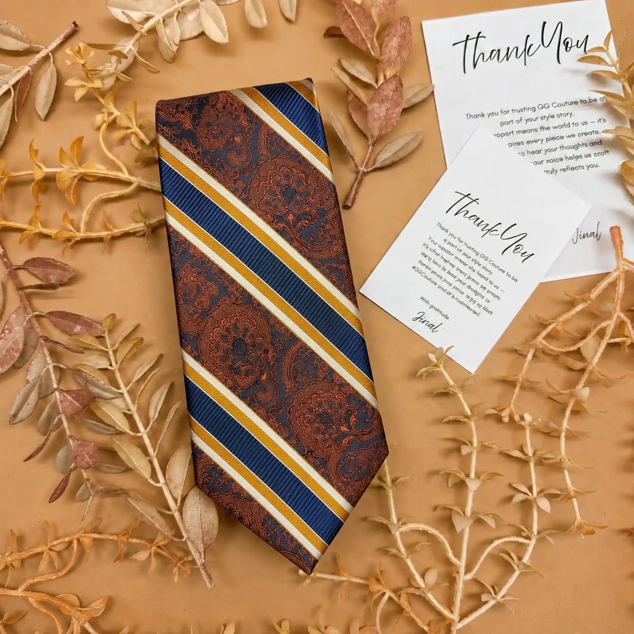 Navy Blue and Burnt Orange Paisley Silk Necktie
