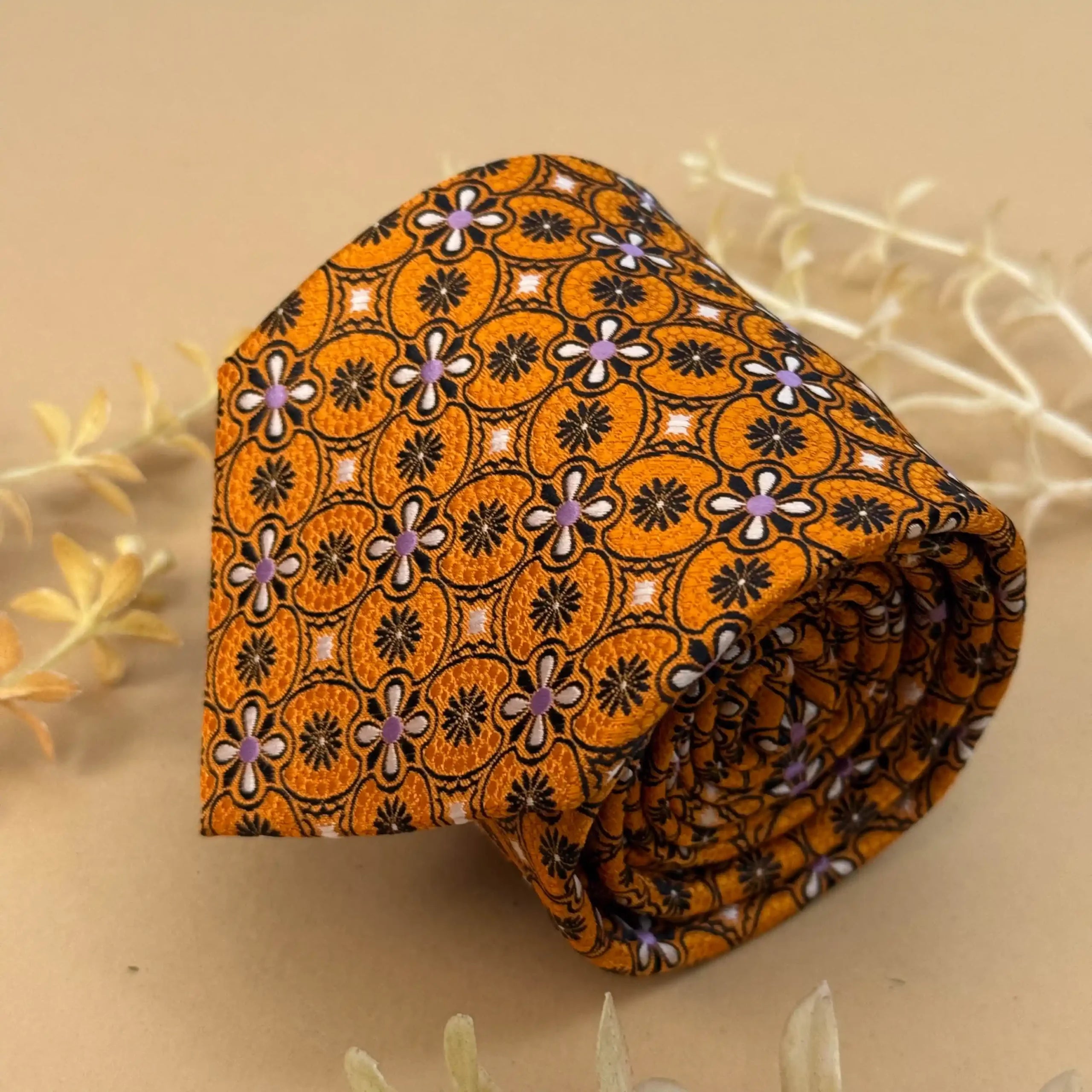 Mustard Geometric Floral Silk Necktie