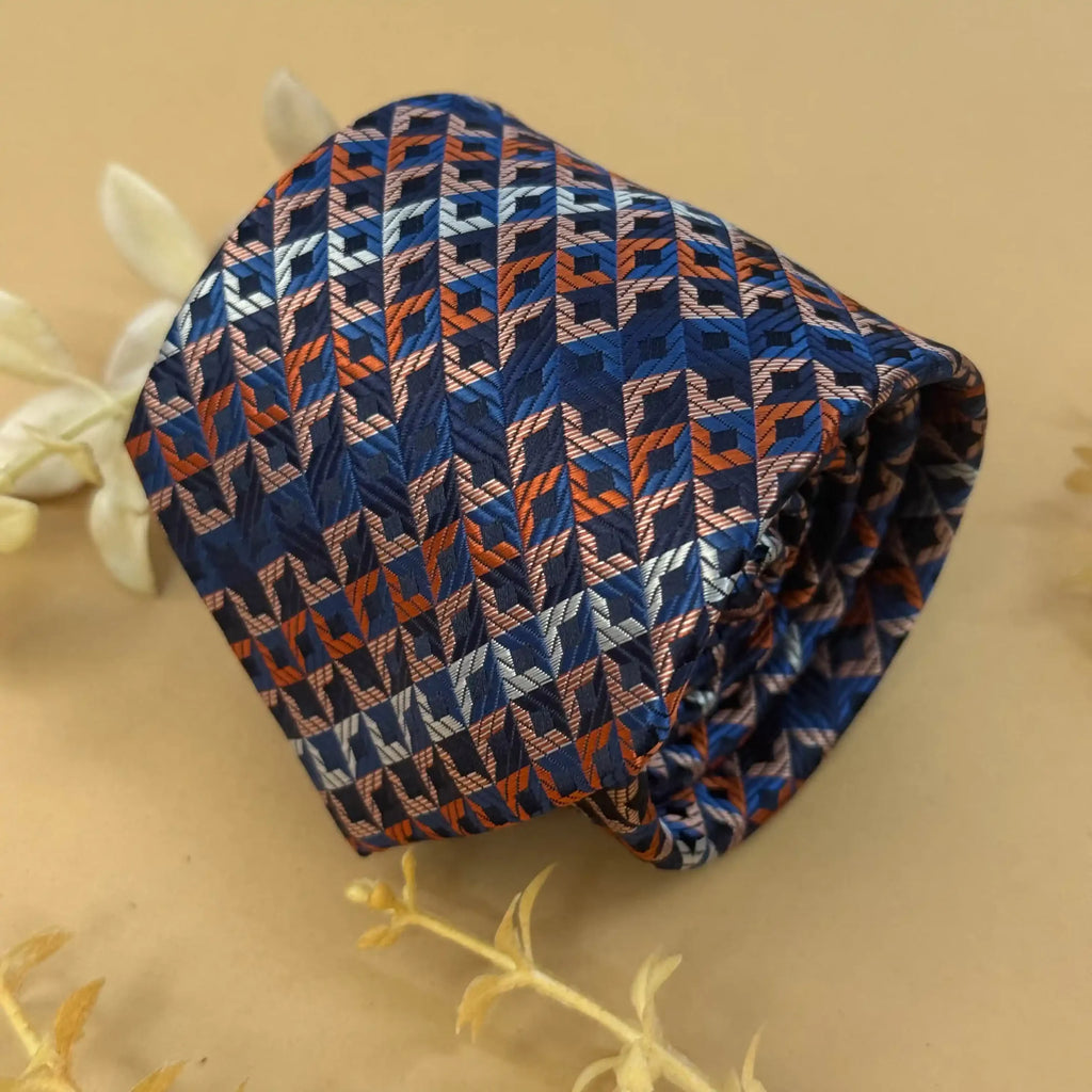 Brown Blue Weave Geometric Silk Necktie