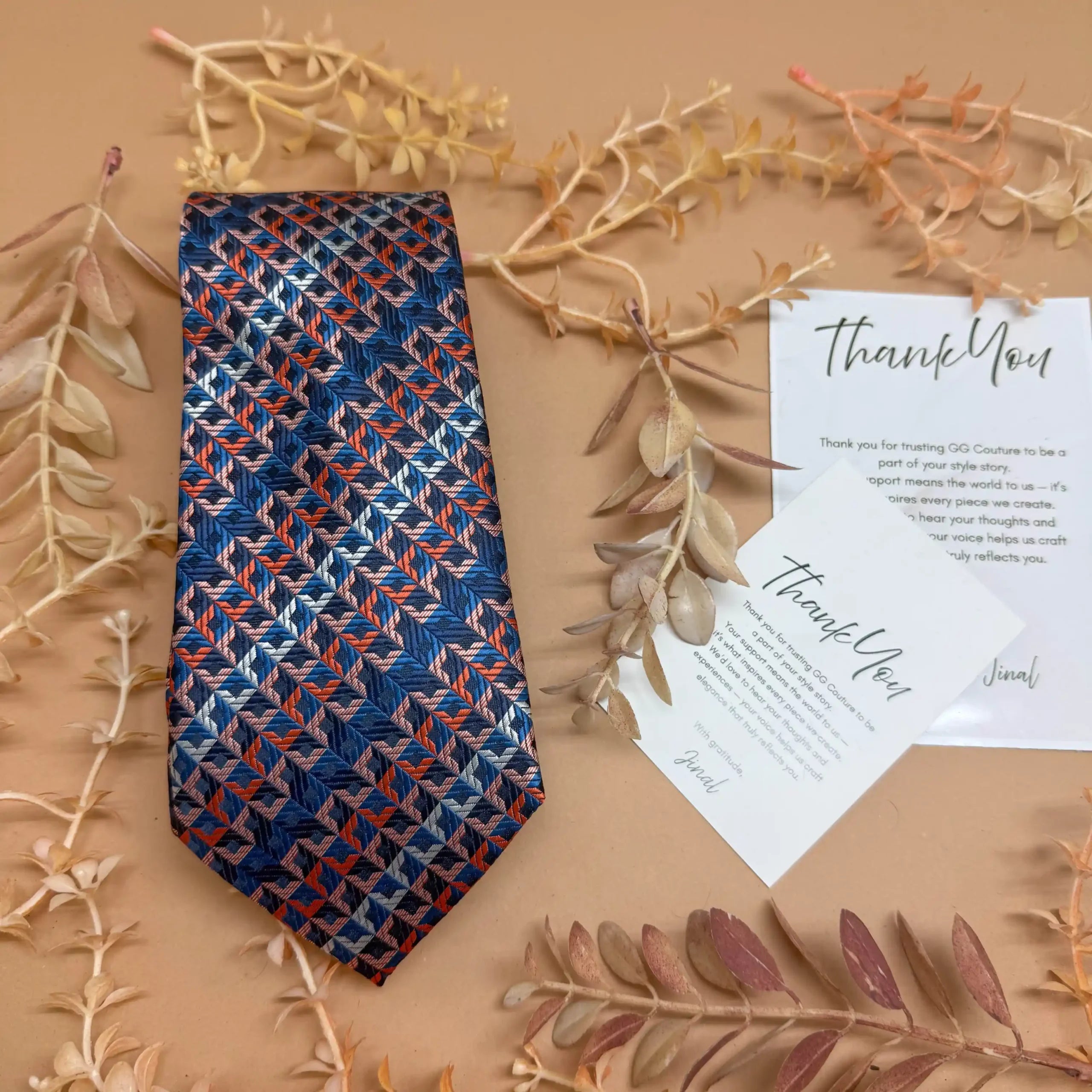 Brown Blue Weave Geometric Silk Necktie