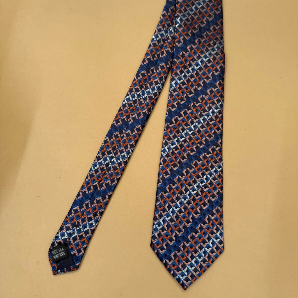Brown Blue Weave Geometric Silk Necktie
