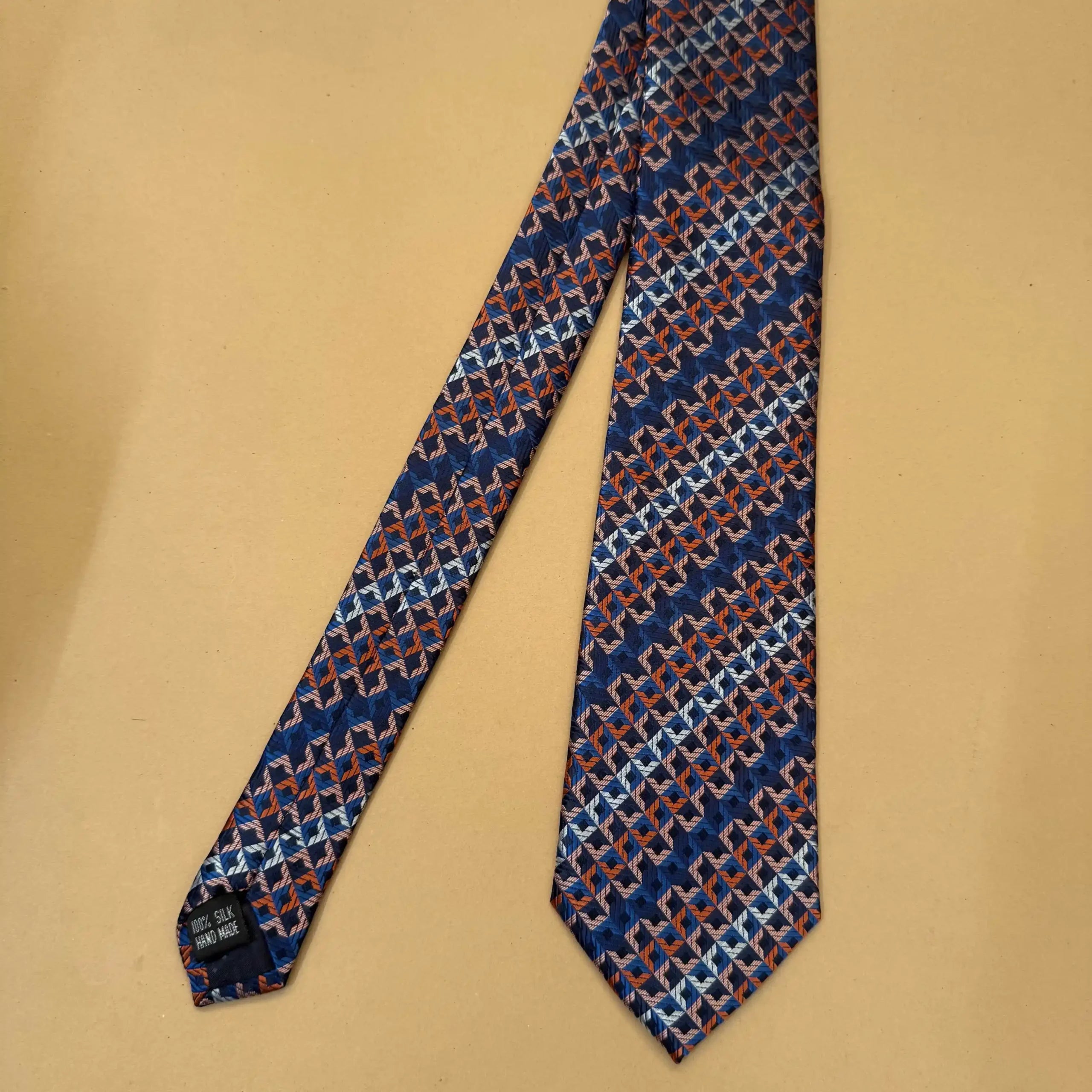 Brown Blue Weave Geometric Silk Necktie