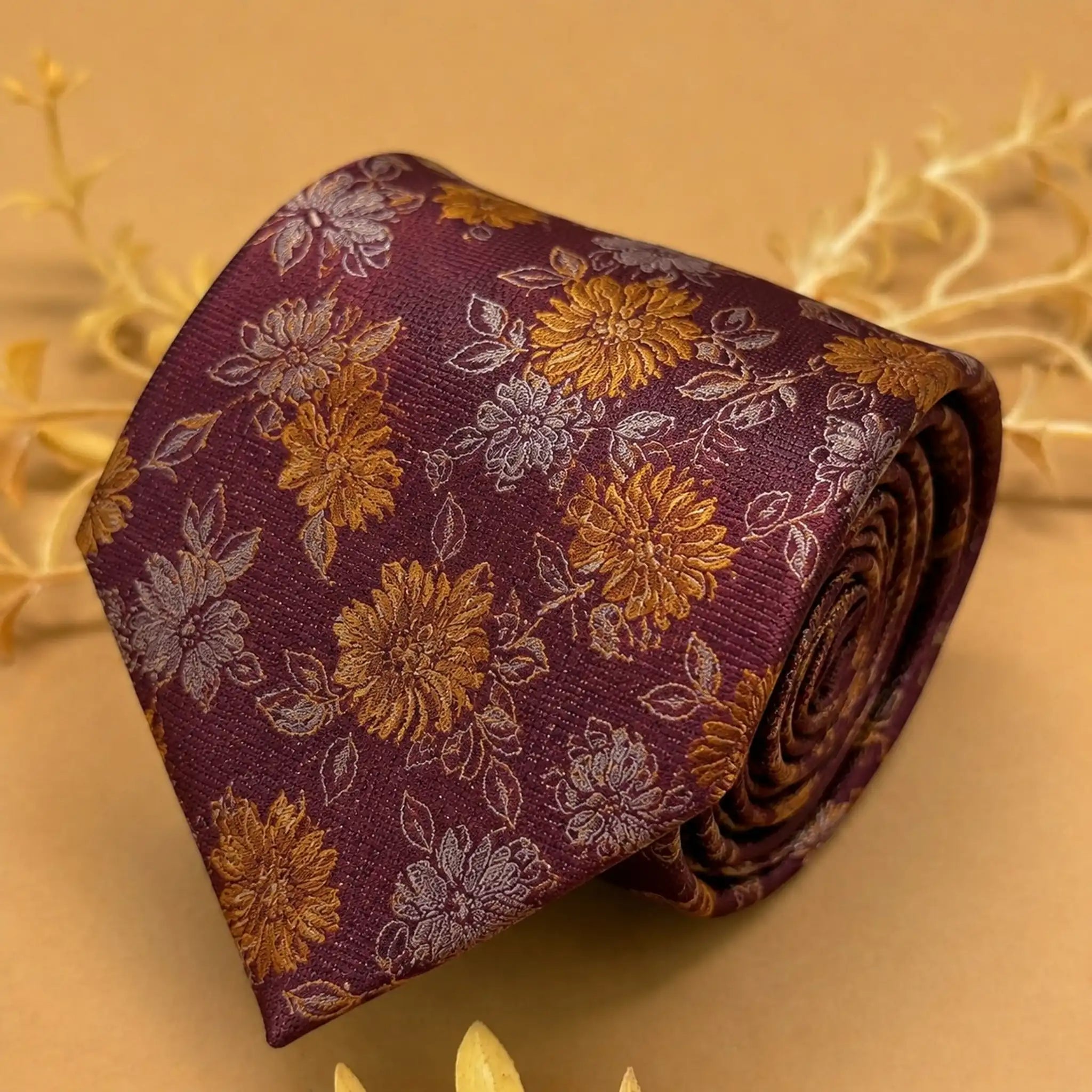 Burgundy and Gold Floral Silk Necktie