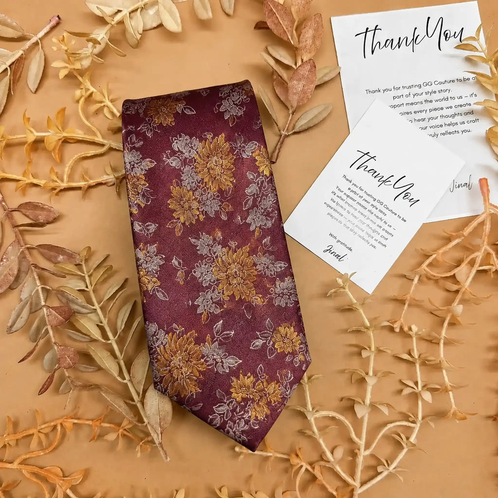 Burgundy and Gold Floral Silk Necktie