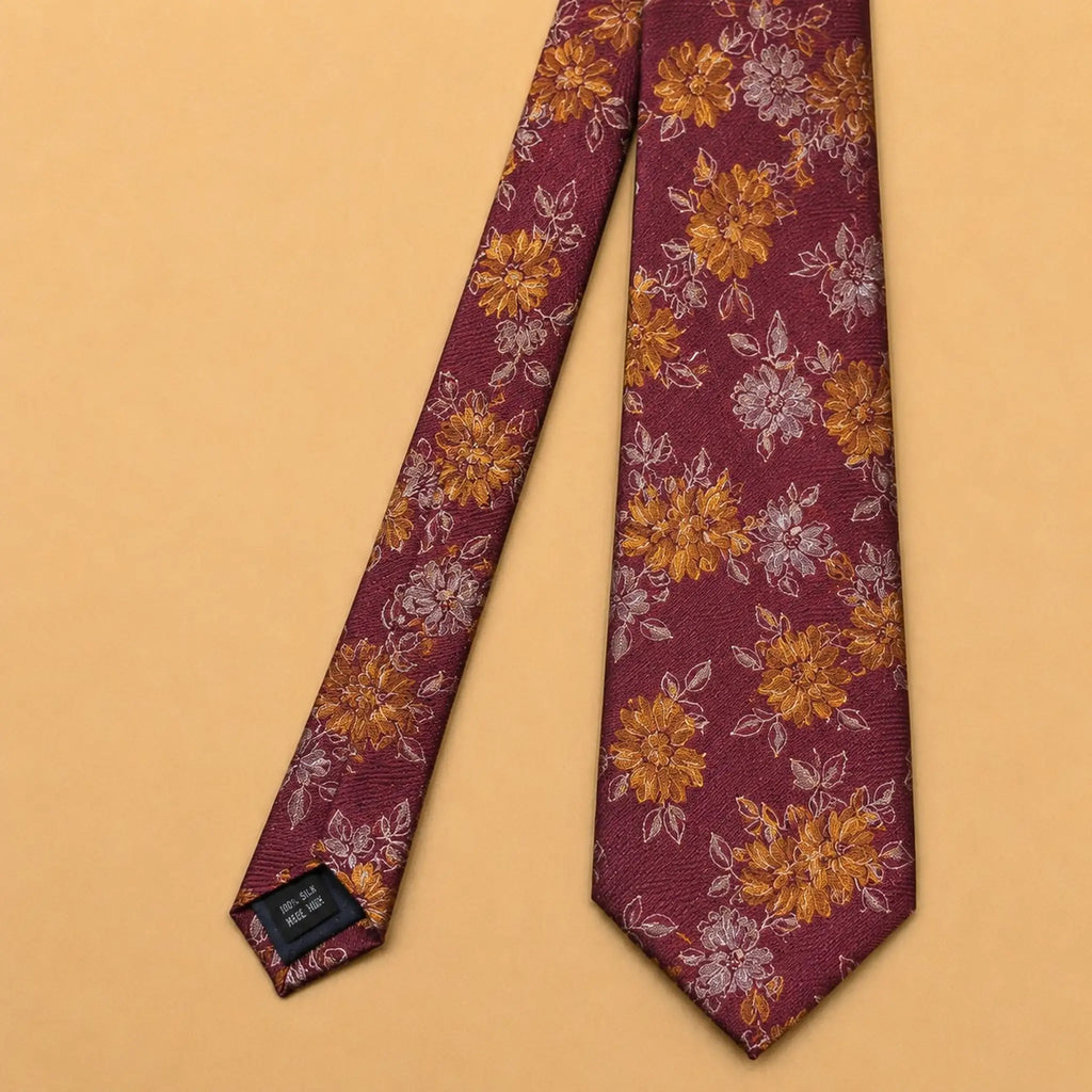 Burgundy and Gold Floral Silk Necktie