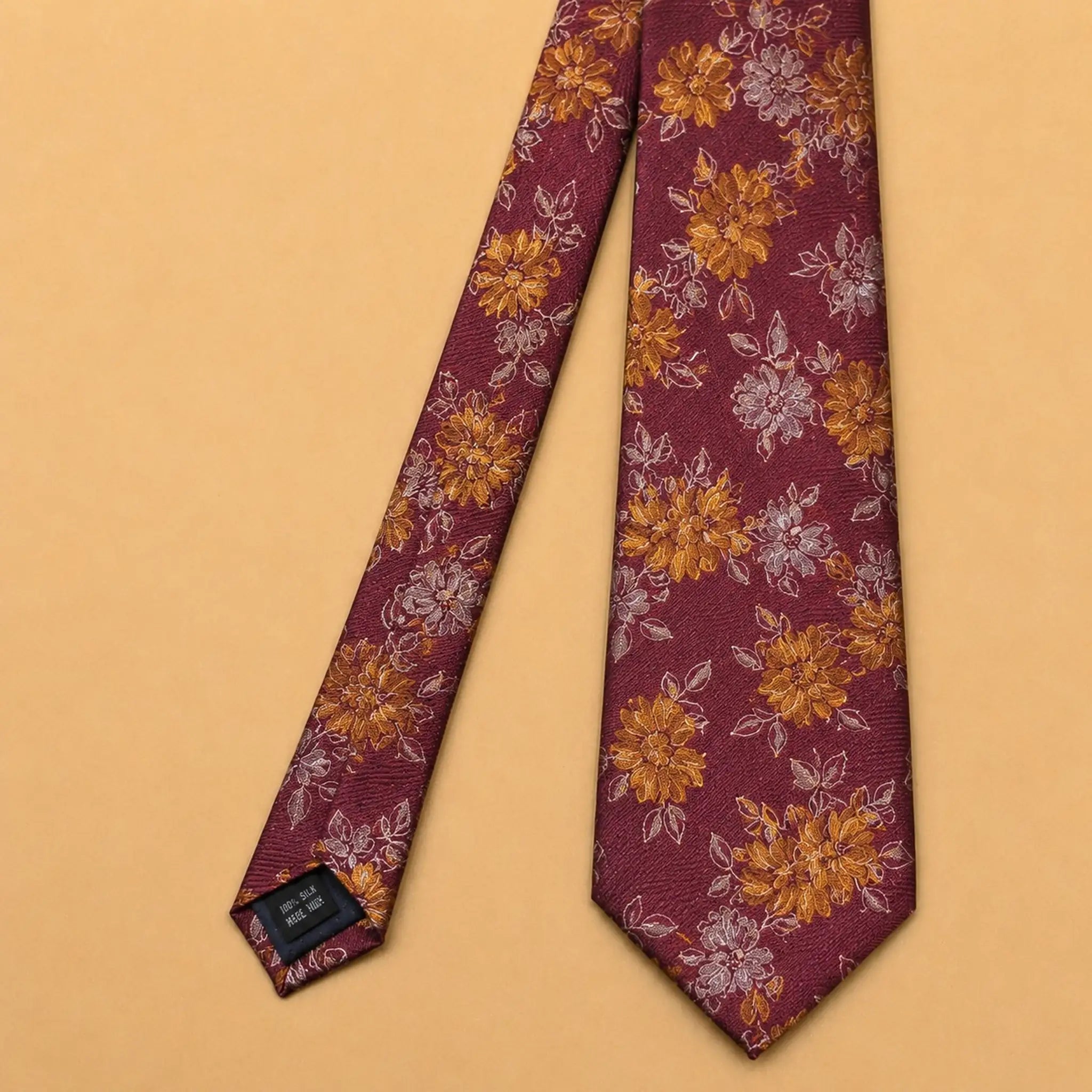 Burgundy and Gold Floral Silk Necktie