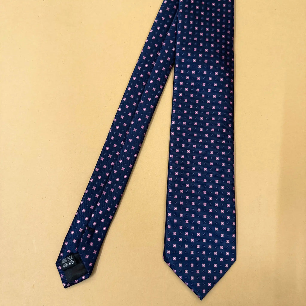 Navy Blue Pink Motif Silk Necktie