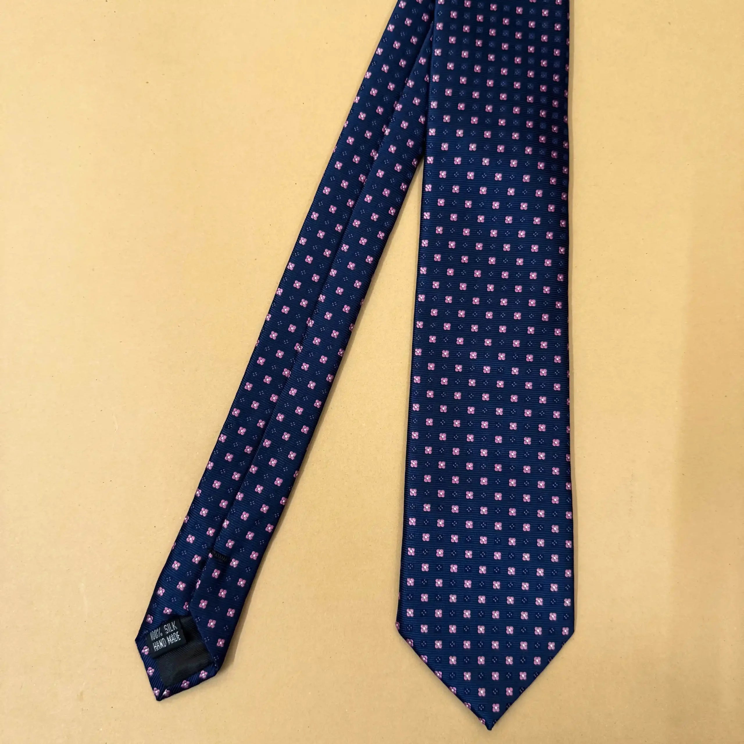 Navy Blue Pink Motif Silk Necktie