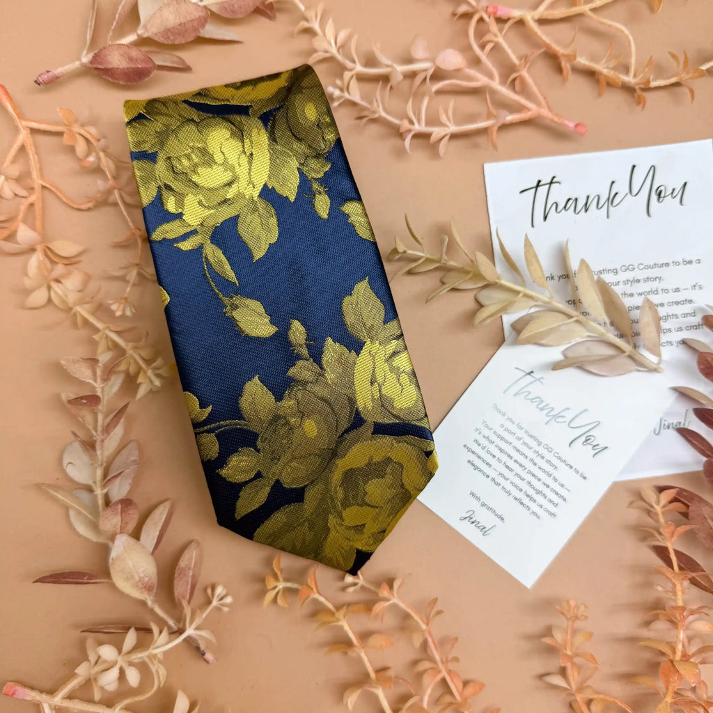 Navy Blue Yellow Rose Floral Silk Necktie
