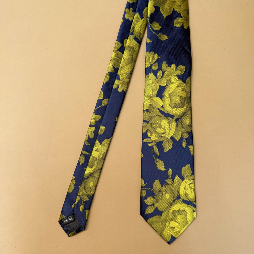 Navy Blue Yellow Rose Floral Silk Necktie