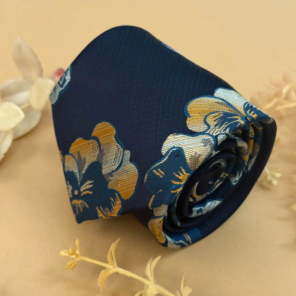 Navy Blue Gold Floral Silk Necktie