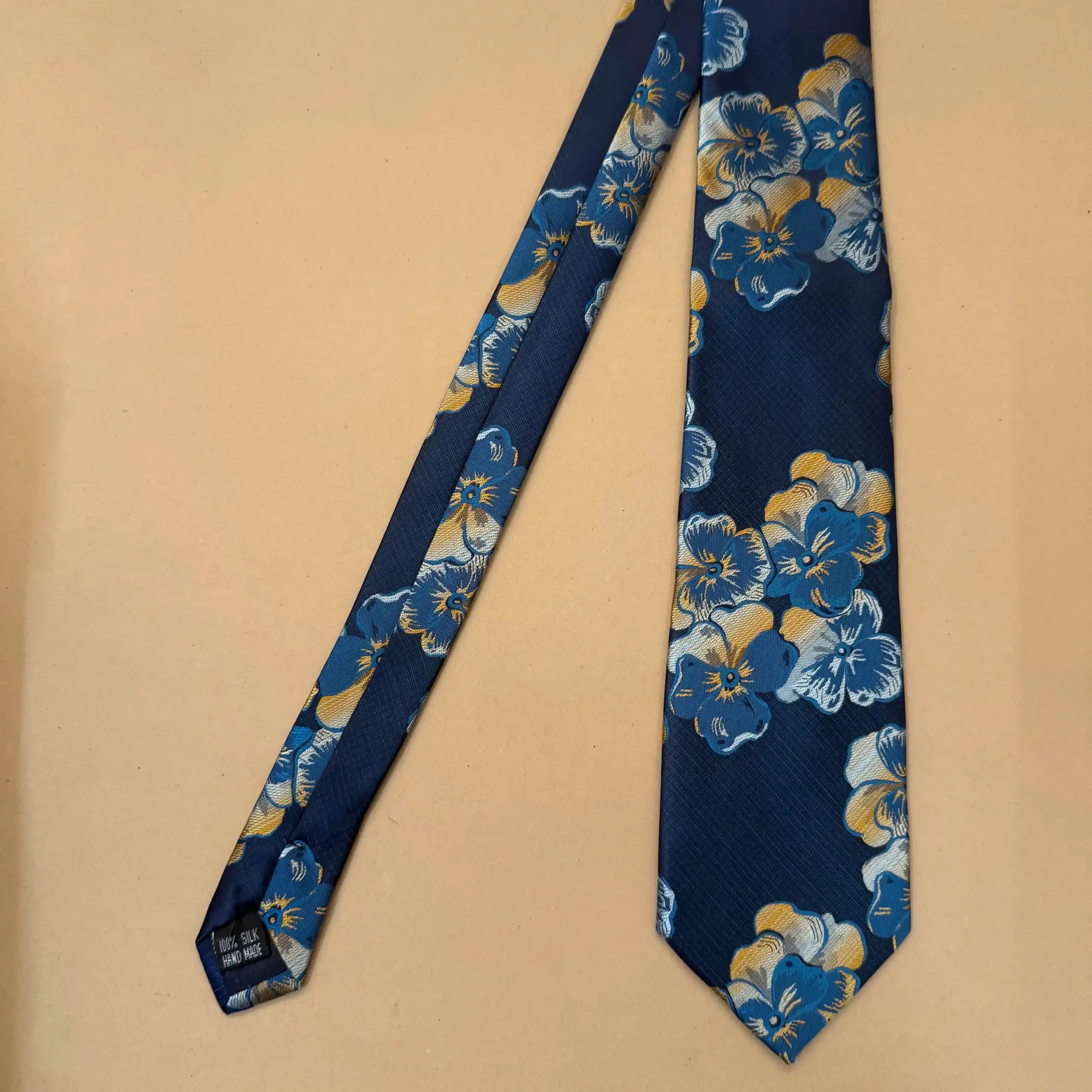 Navy Blue Gold Floral Silk Necktie