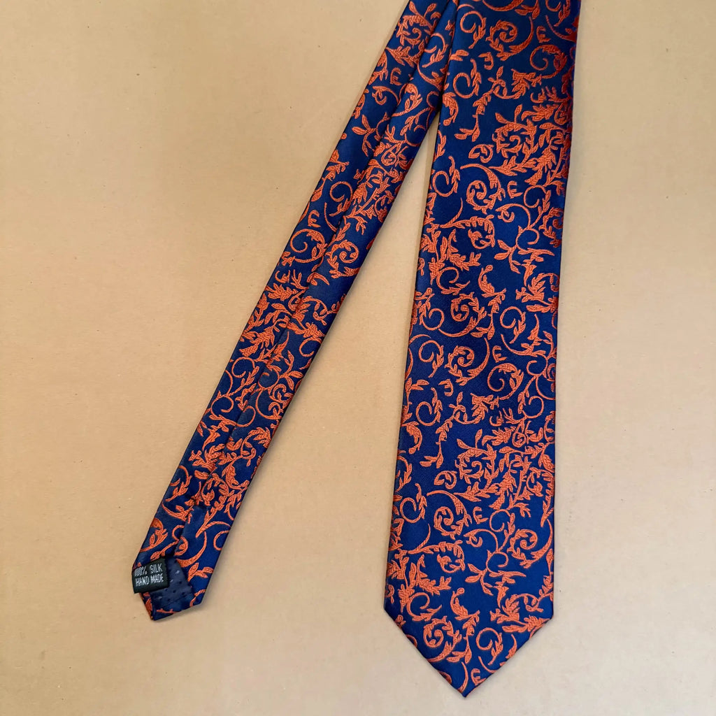 Navy Blue Copper Scroll Abstract Silk Necktie