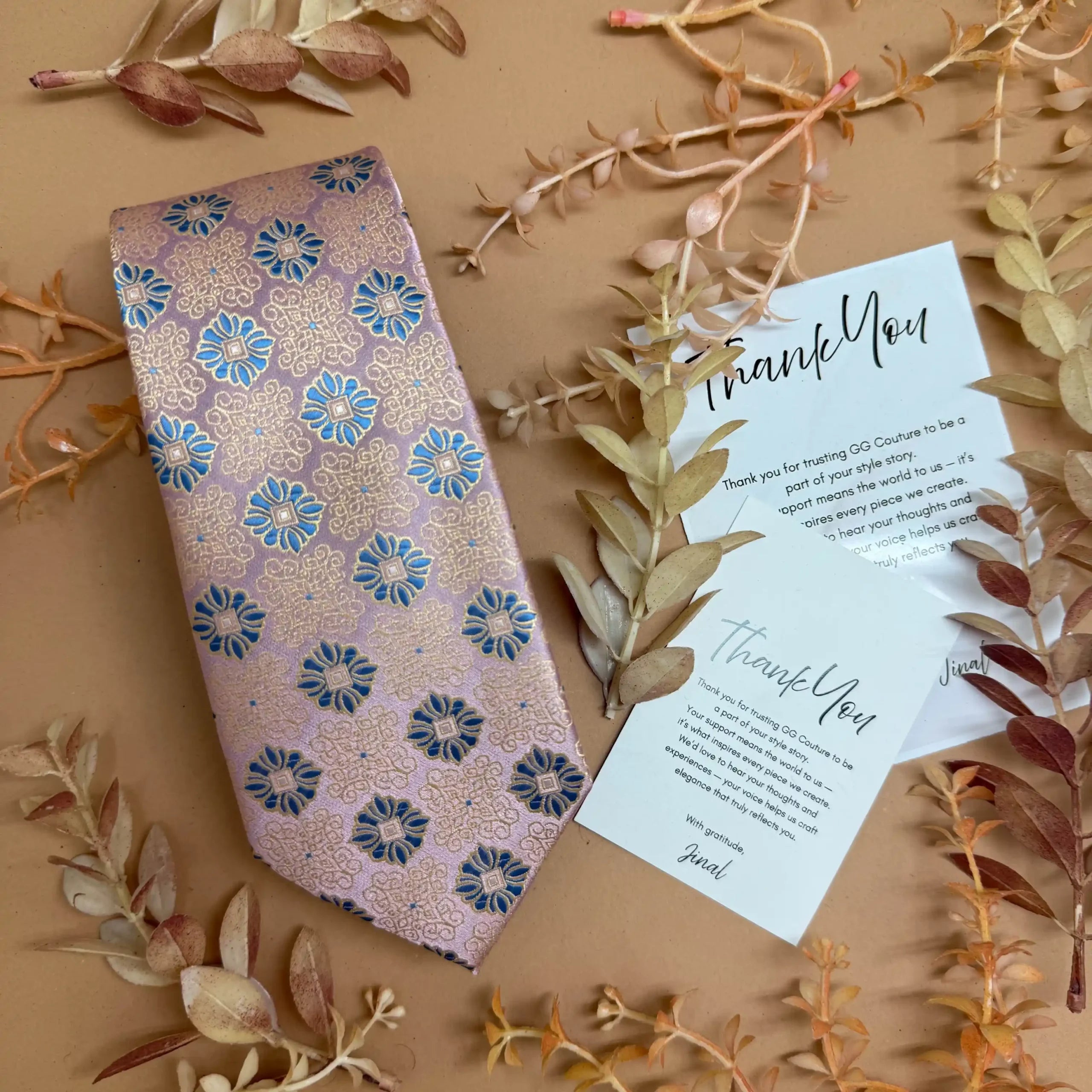 Ivory Rose Blue Medallion Abstract Silk Necktie
