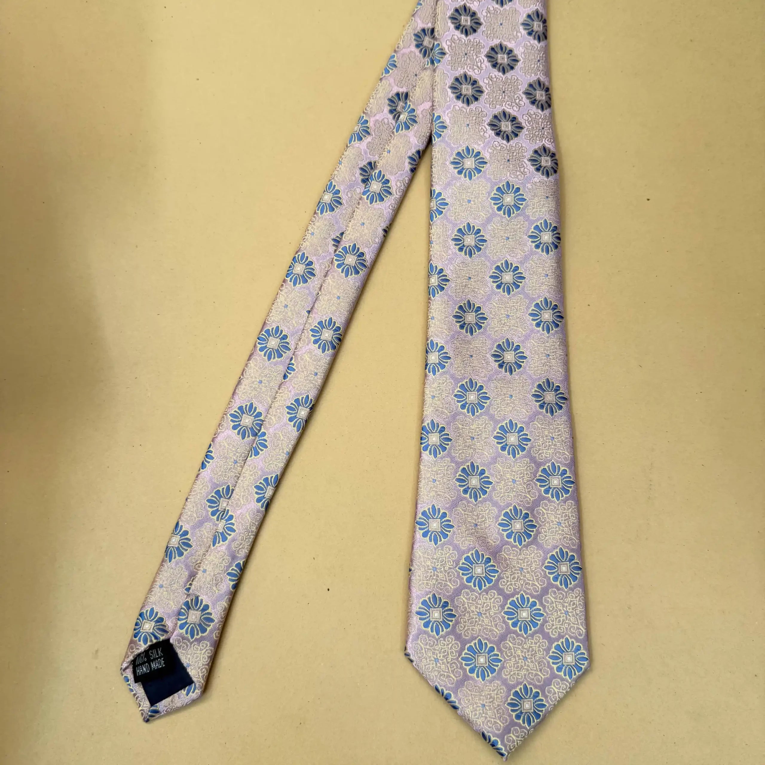 Ivory Rose Blue Medallion Abstract Silk Necktie