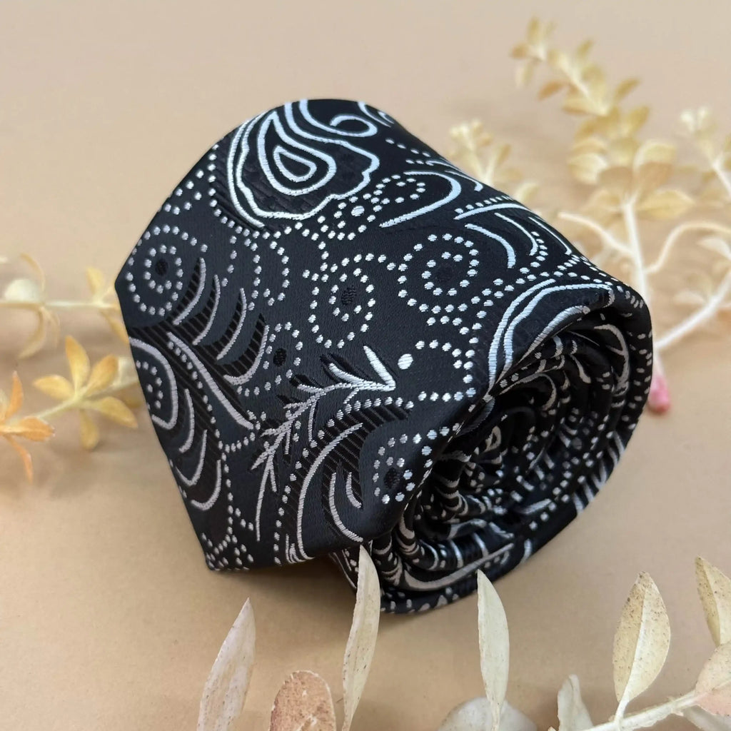 Black And White Floral Wave Abstract Silk Necktie