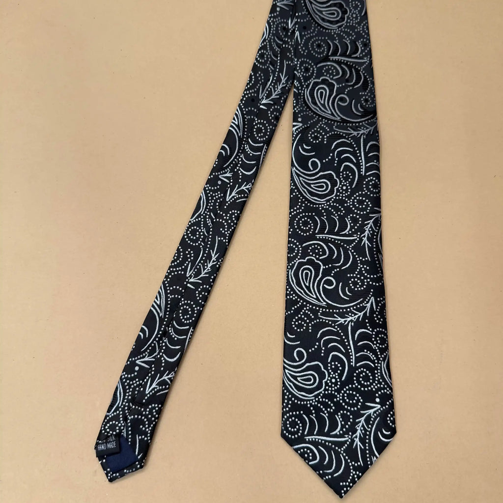 Black And White Floral Wave Abstract Silk Necktie