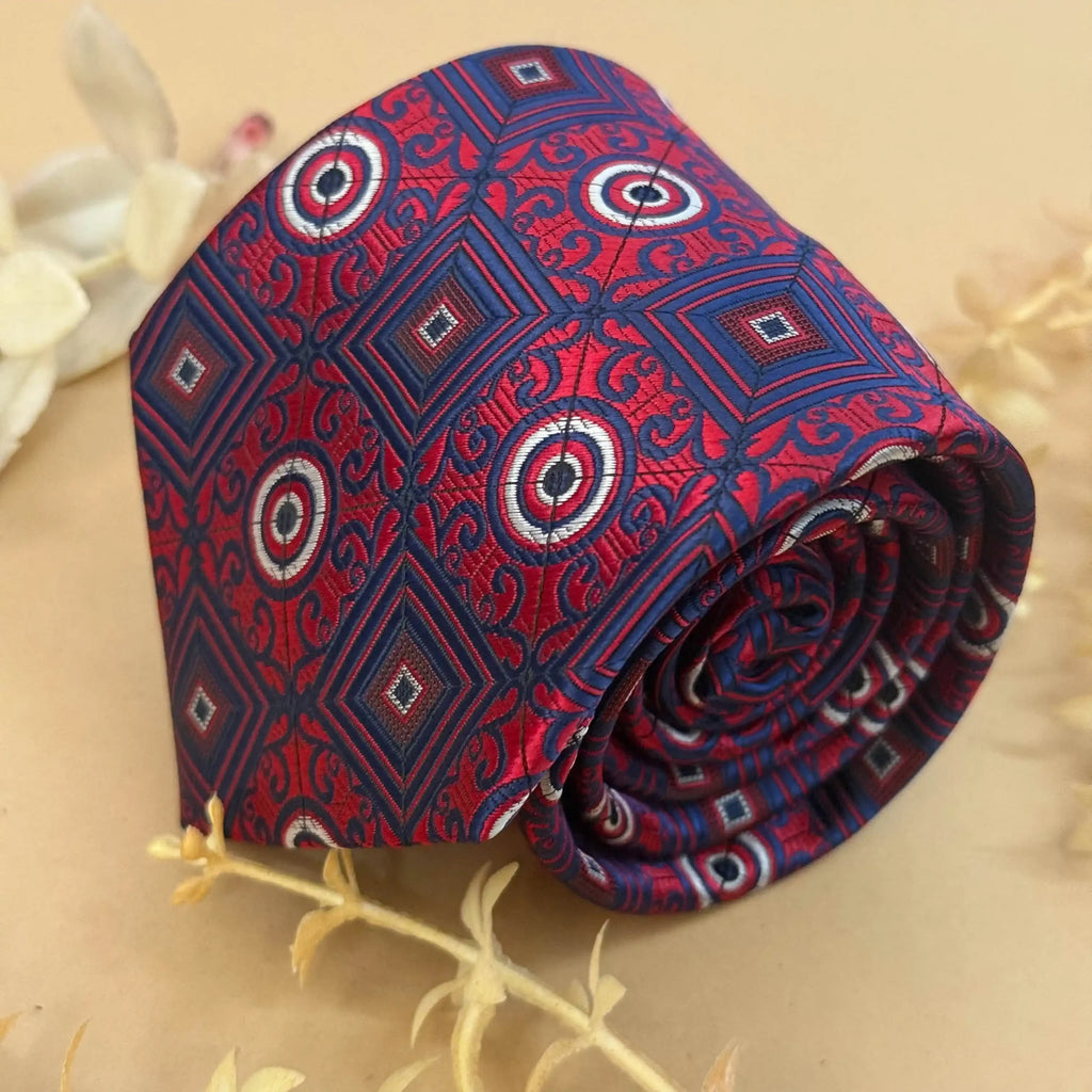 Scarlet Navy Geo Abstract Silk Necktie
