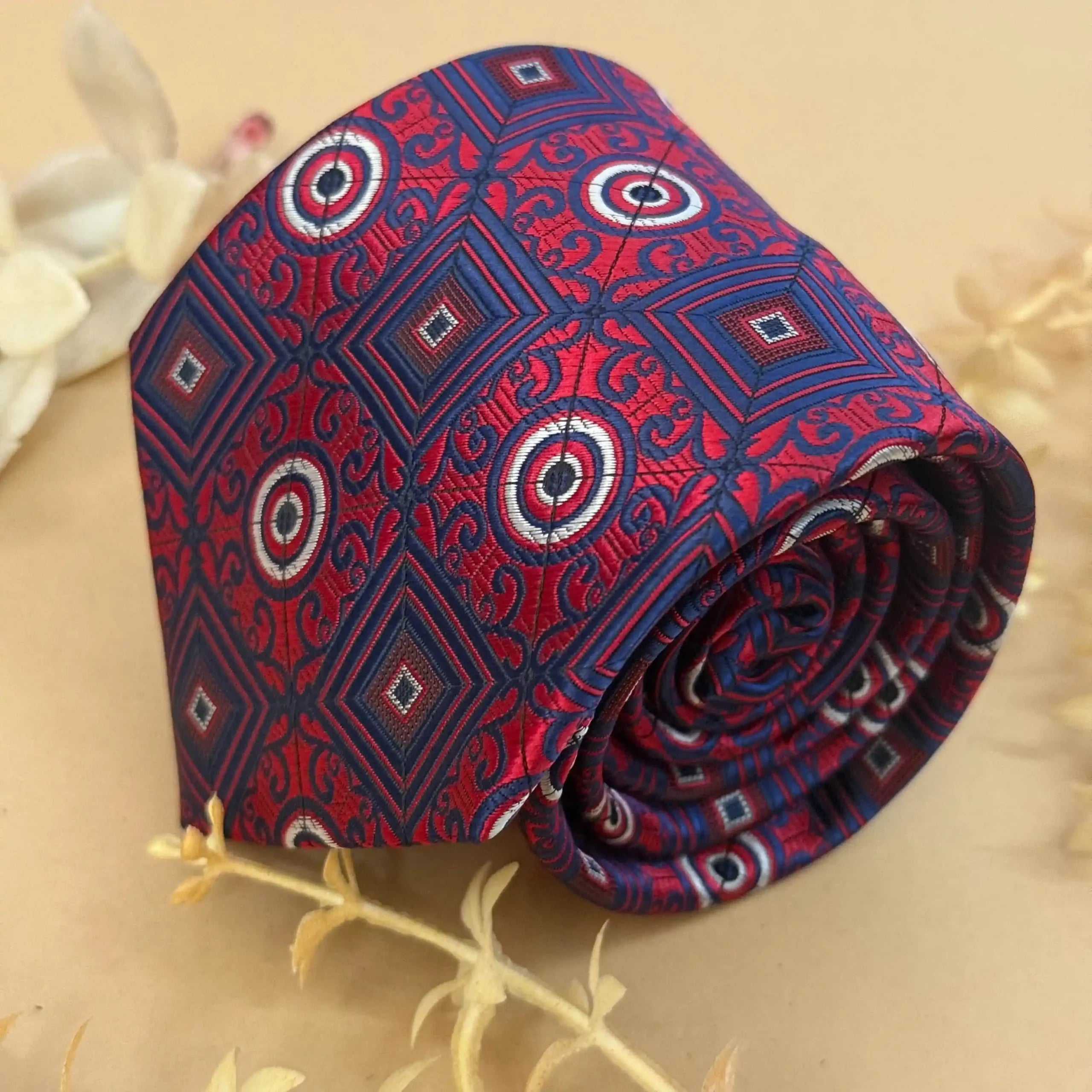 Scarlet Navy Geo Abstract Silk Necktie