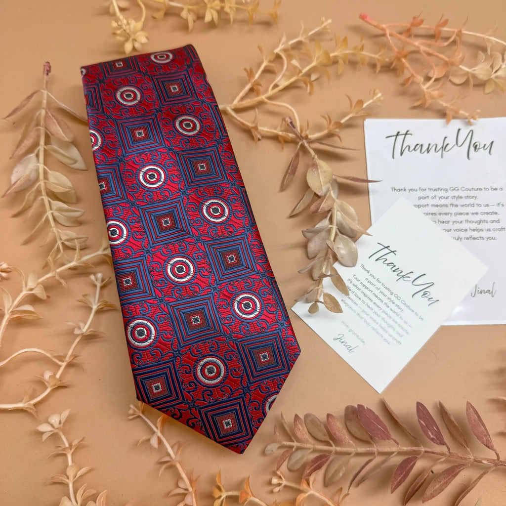 Scarlet Navy Geo Abstract Silk Necktie