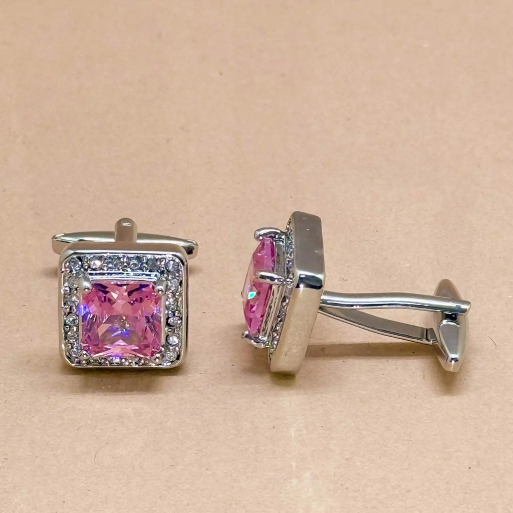 Pink Crystal Square Silver Cufflinks
