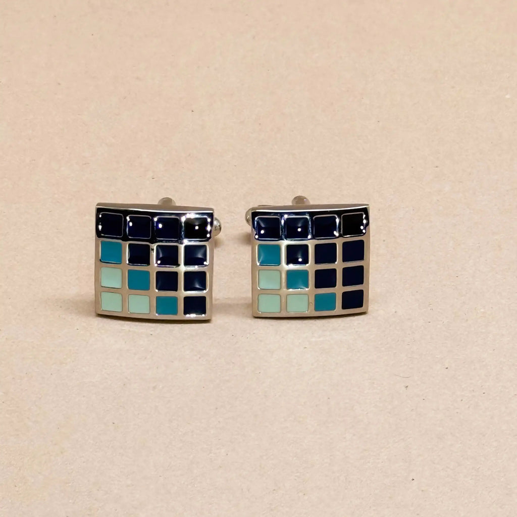Silver Grid Pattern Cufflinks with Blue Accents
