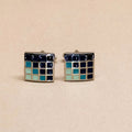 Silver Grid Pattern Cufflinks with Blue Accents