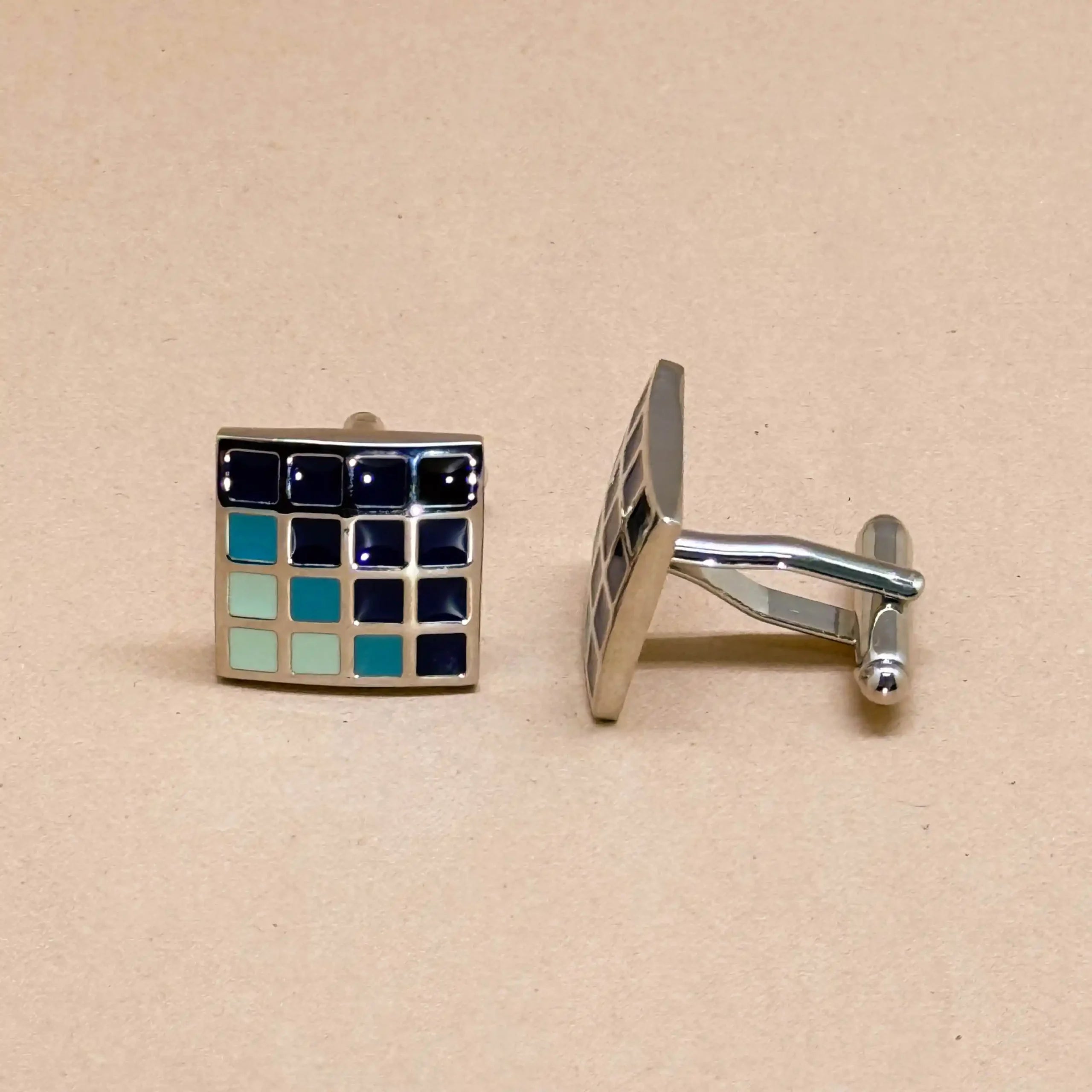Silver Grid Pattern Cufflinks with Blue Accents