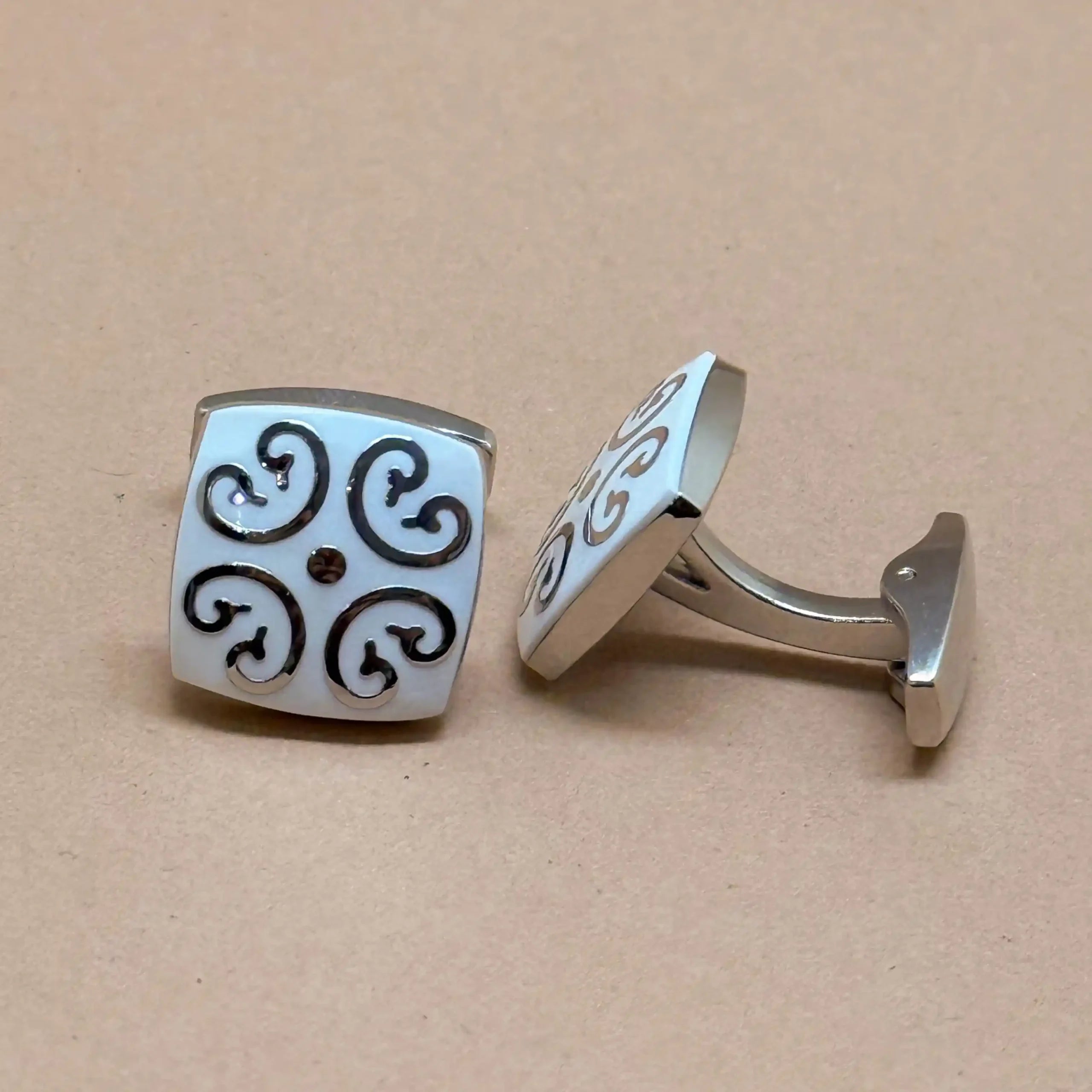 Art Deco Swirl Silver Cufflinks with Enamel Finish
