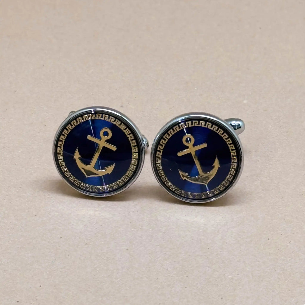 Nautical Anchor Silver Cufflinks with Navy Enamel