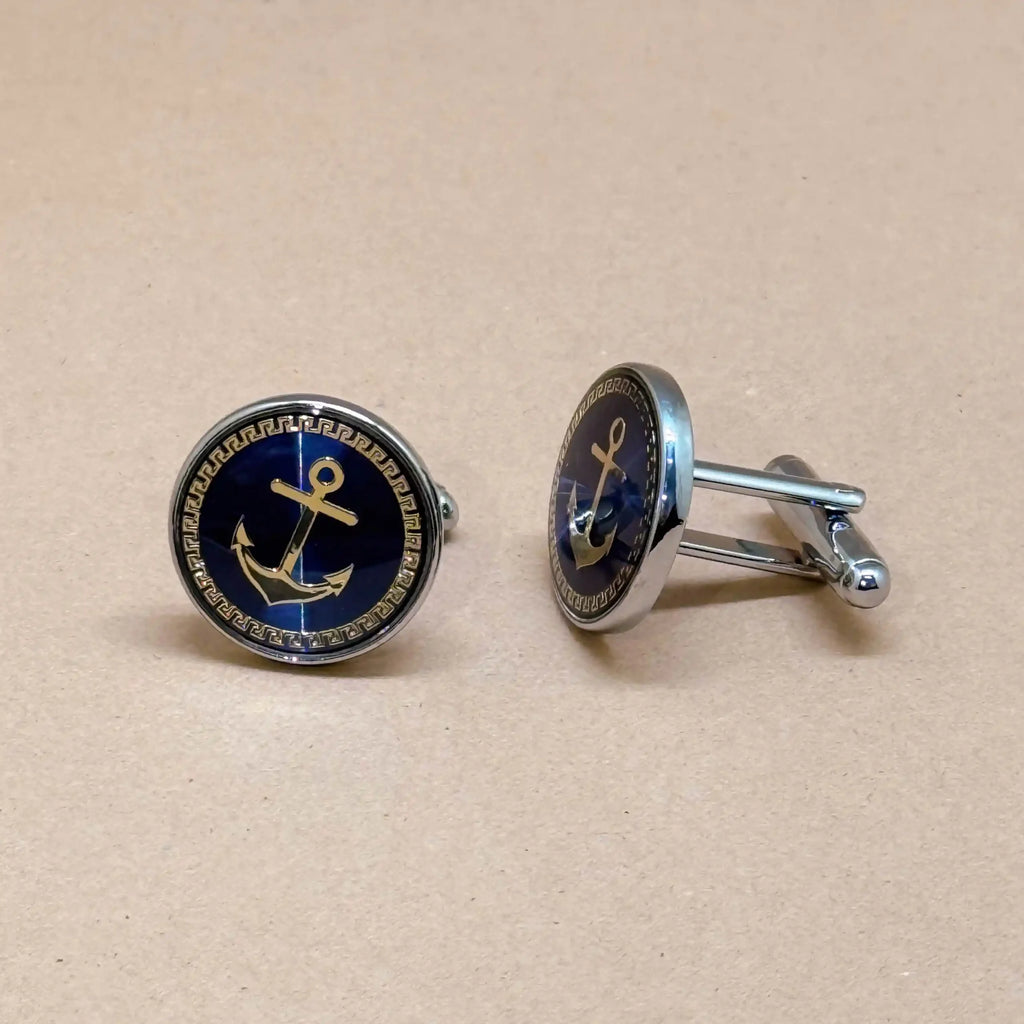 Nautical Anchor Silver Cufflinks with Navy Enamel