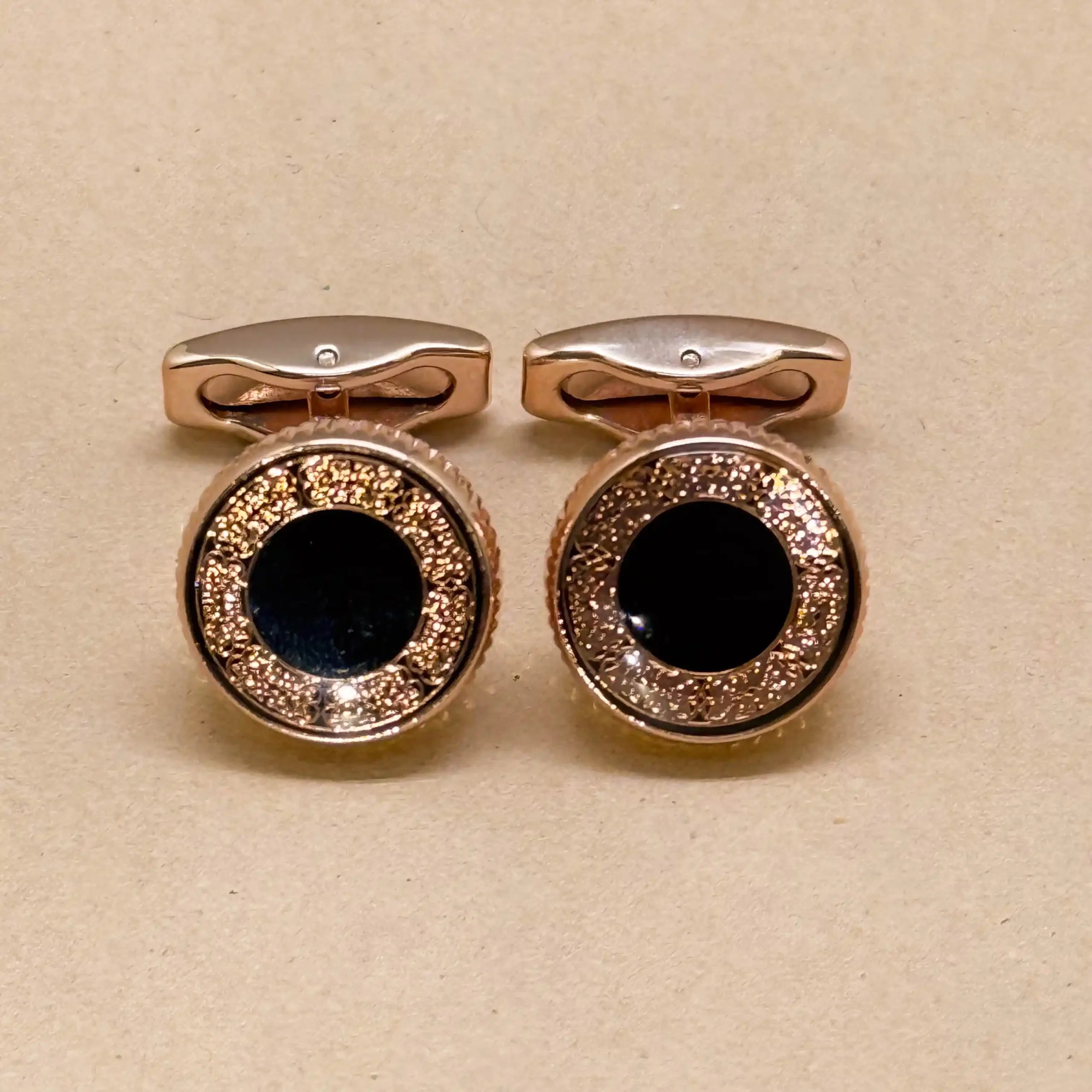 Rose Gold Cufflinks with Black Onyx and Crystal Halo