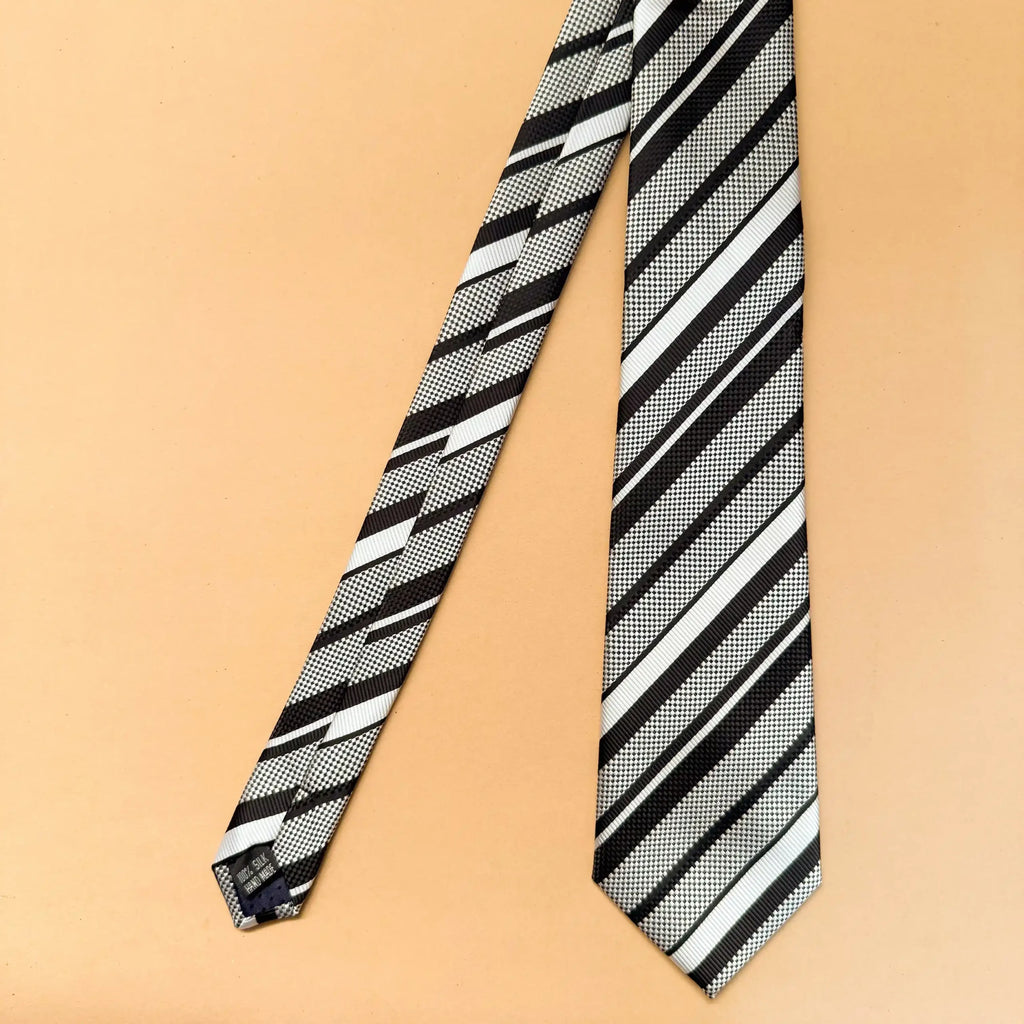 Monochromatic Black and White Stripe Silk Necktie