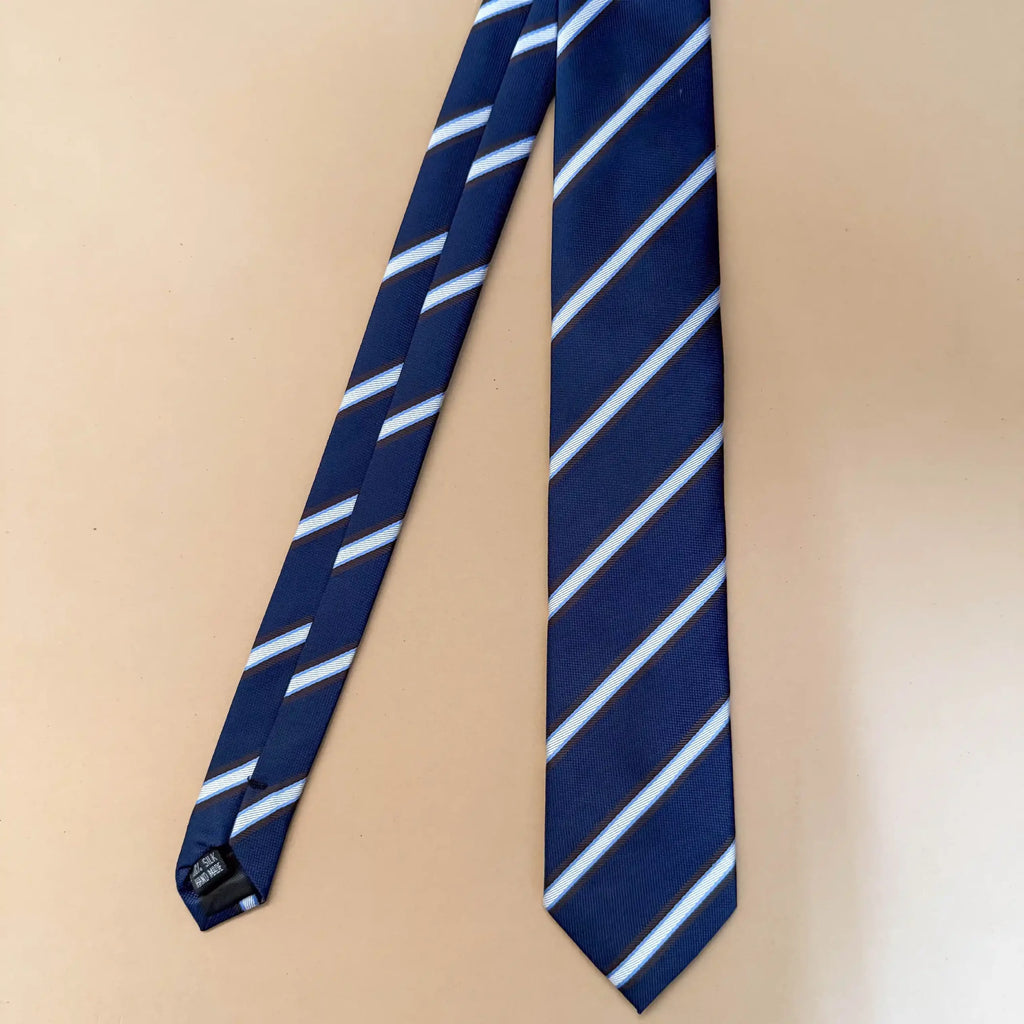 Navy Blue Brown Heritage Stripe Silk Necktie
