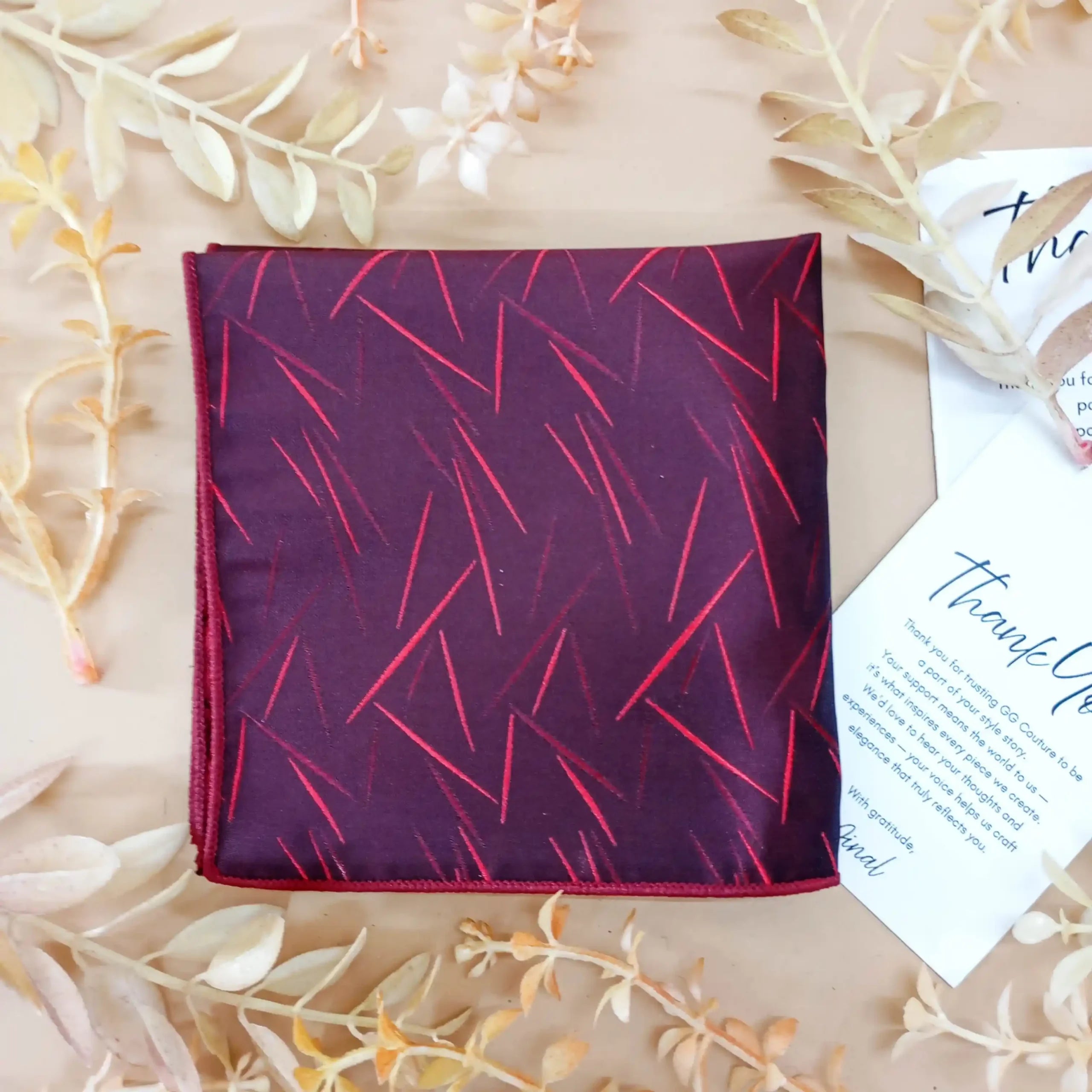 Magenta Silk Pocket Square with Abstract Lines