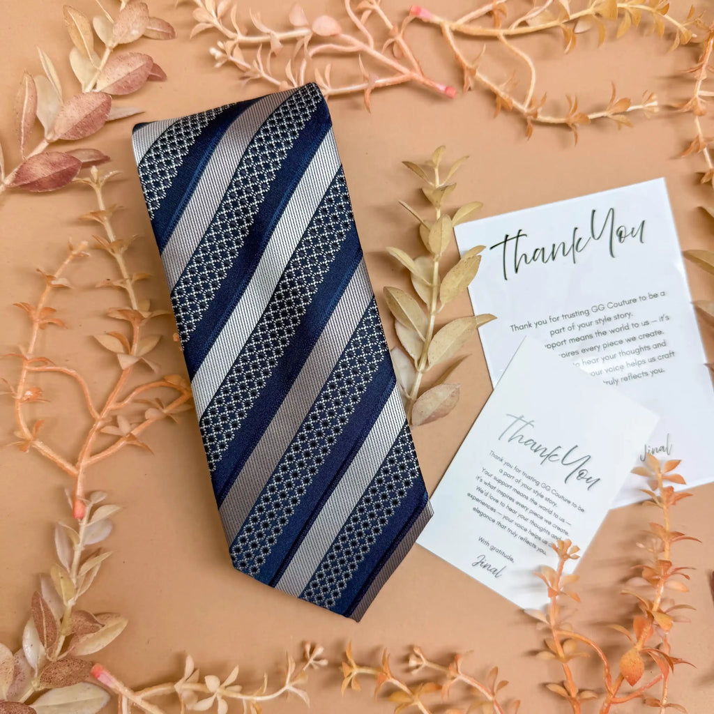 Navy Blue Grey Patterned Stripe Silk Necktie