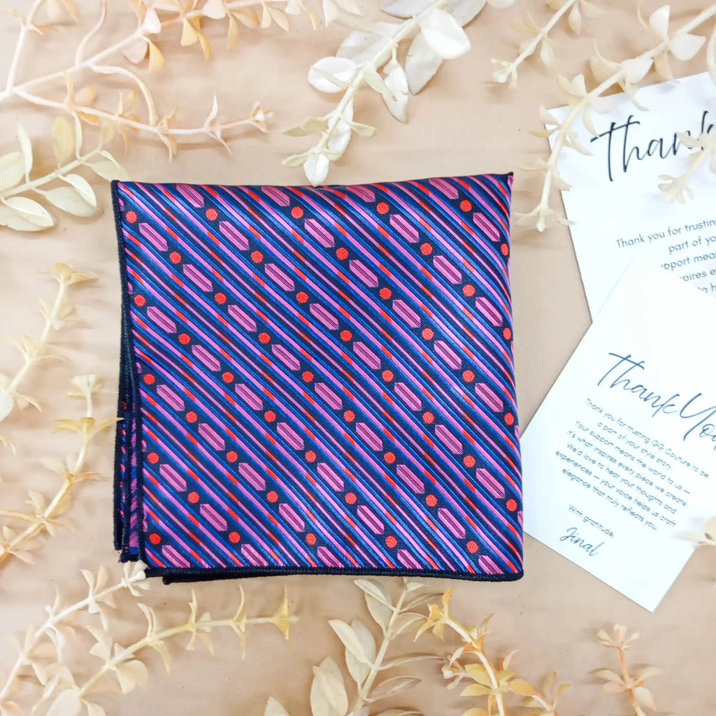 Magenta and Blue Diagonal Striped Silk Pocket Square