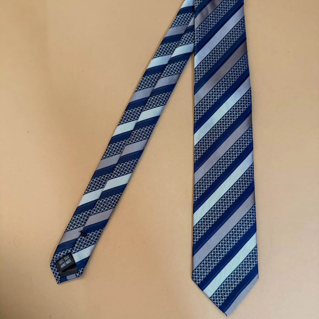 Navy Blue Grey Patterned Stripe Silk Necktie