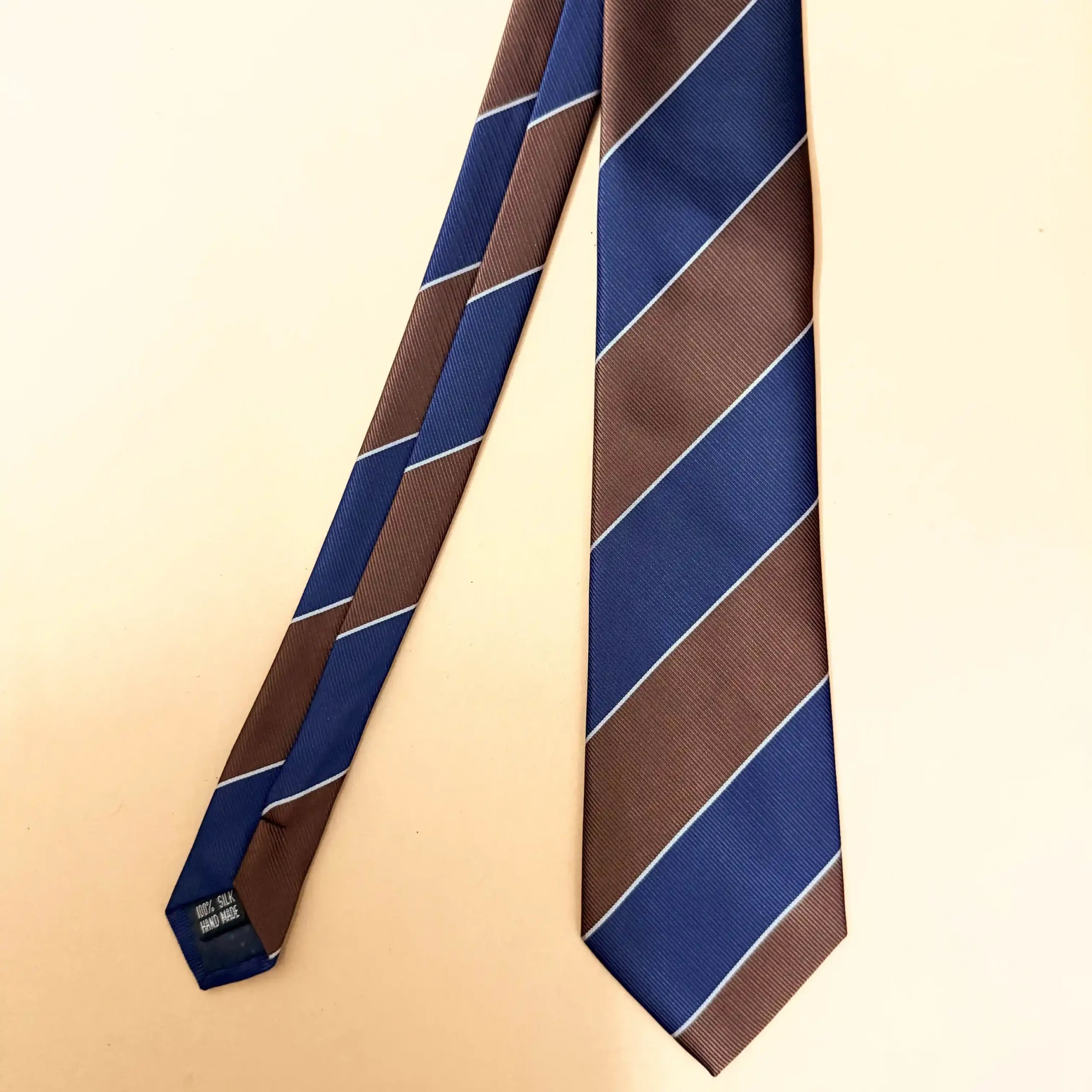 Bold Brown and Navy Blue Wide Stripe Silk Necktie