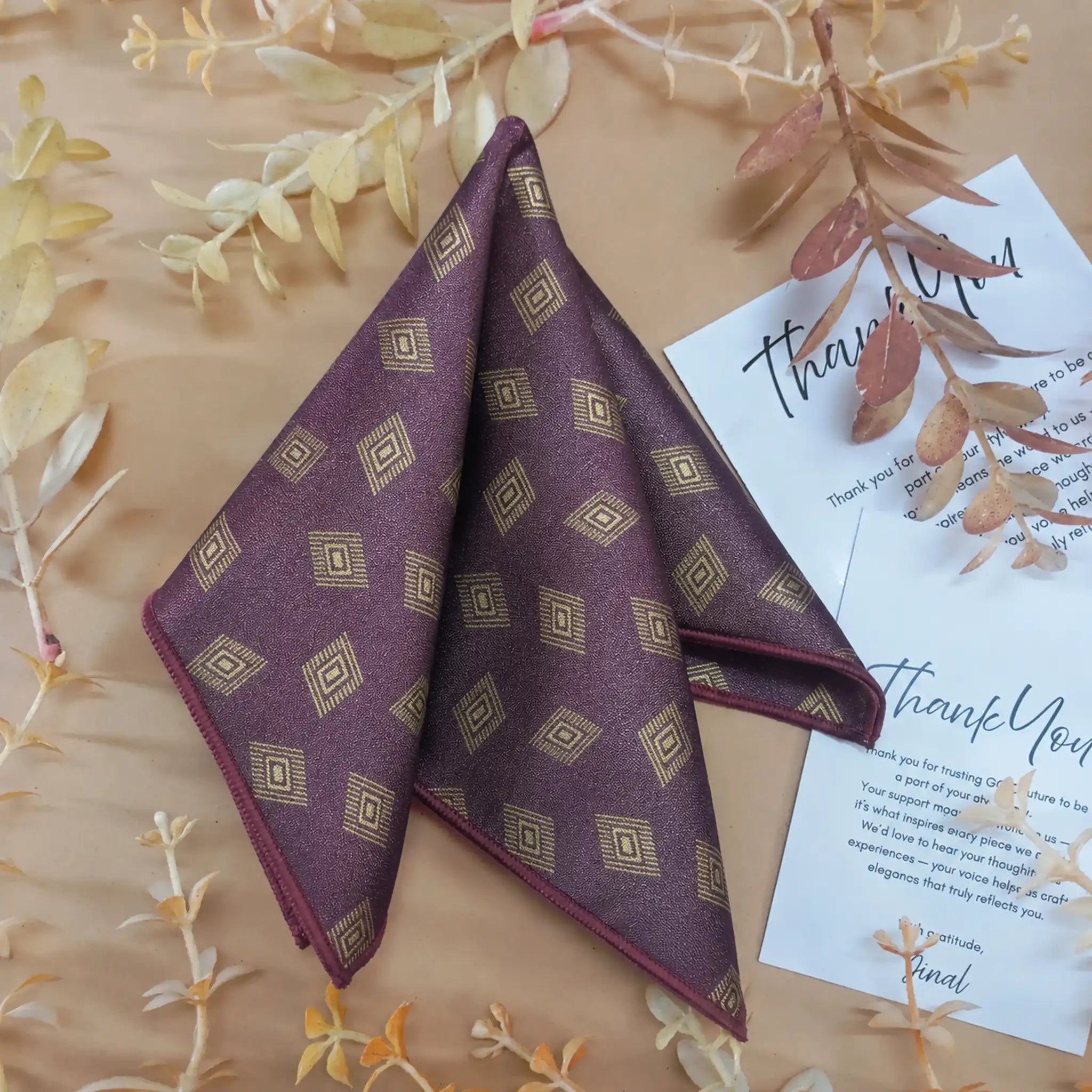 Plum Geometric Silk Pocket Square