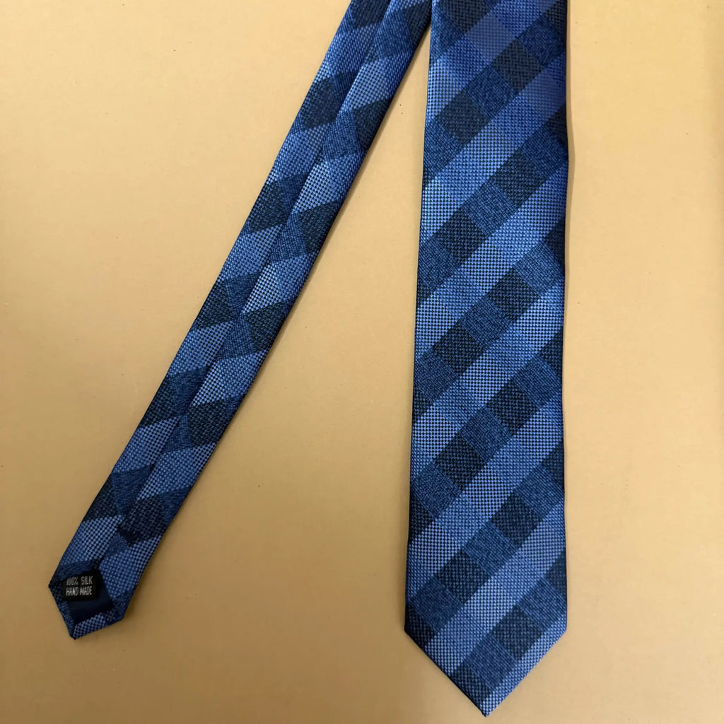 Midnight Blue and Black Diagonal Check Silk Necktie