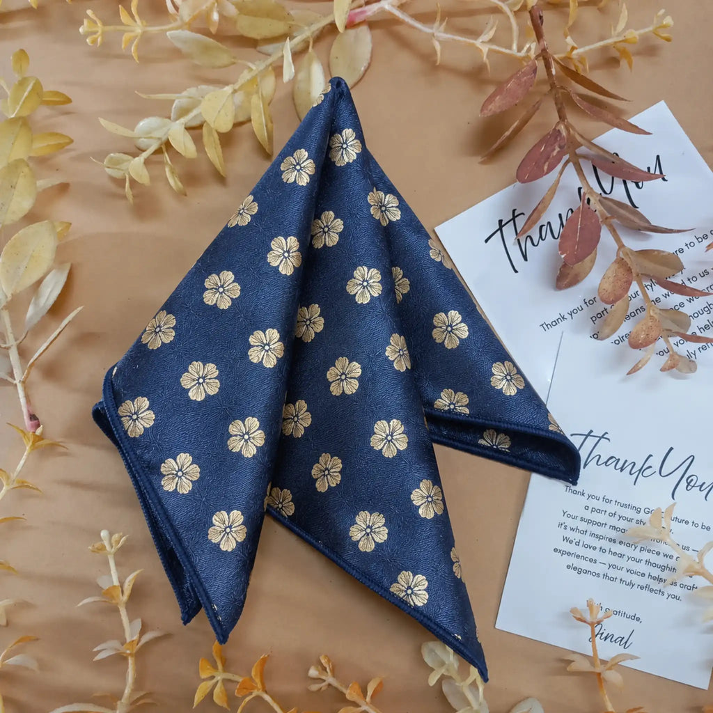 Navy Floral Silk Pocket Square